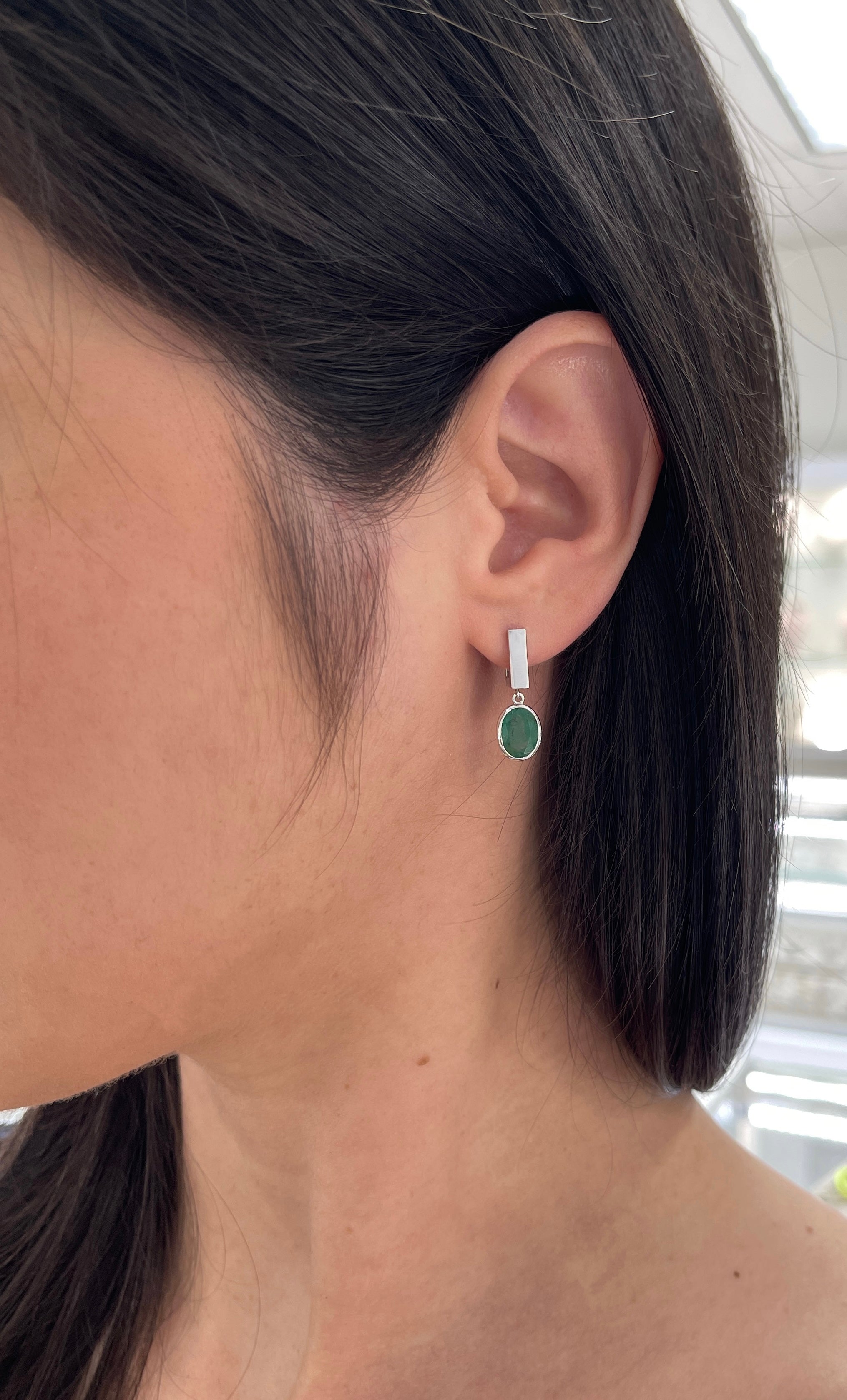 2.90tcw Bezel Set Oval Emerald Dangle Huggie Earrings 14K White Gold - JR Colombian Emeralds