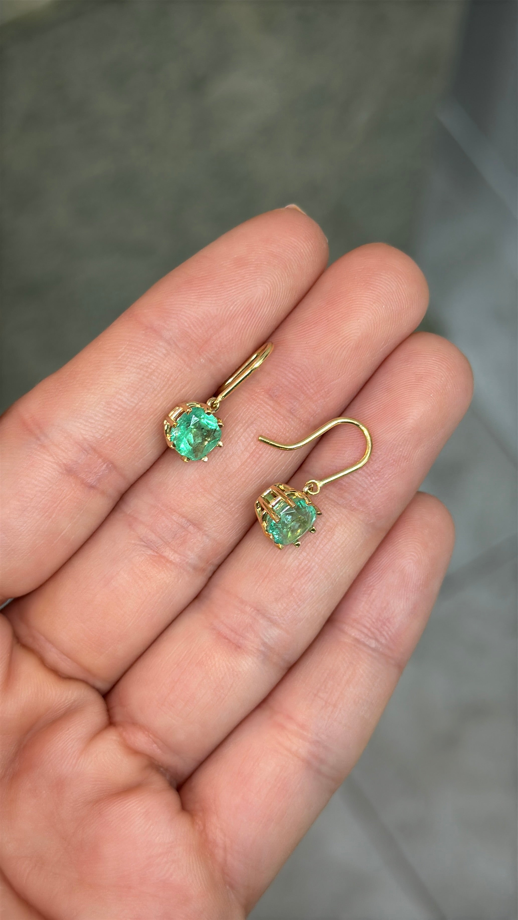 2.95tcw Multi Prong Colombian Emerald Cushion Cut French Hook Earrings