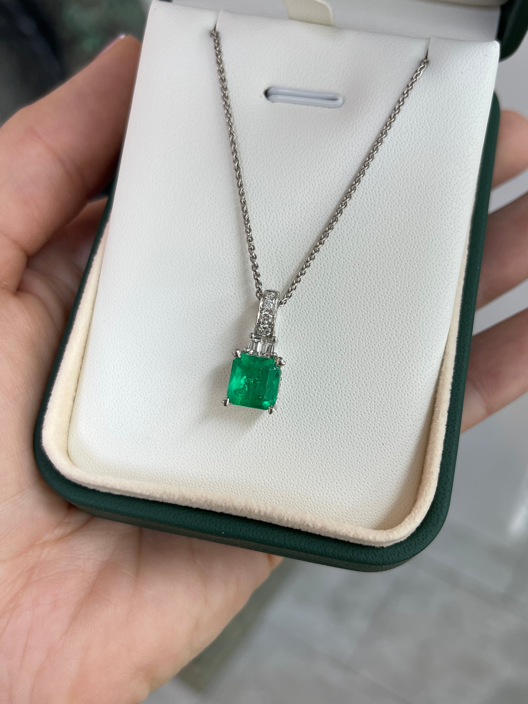 Asscher Cut Colombian Emerald and Diamond Pendant 18K White Gold Necklace - JR Colombian Emeralds