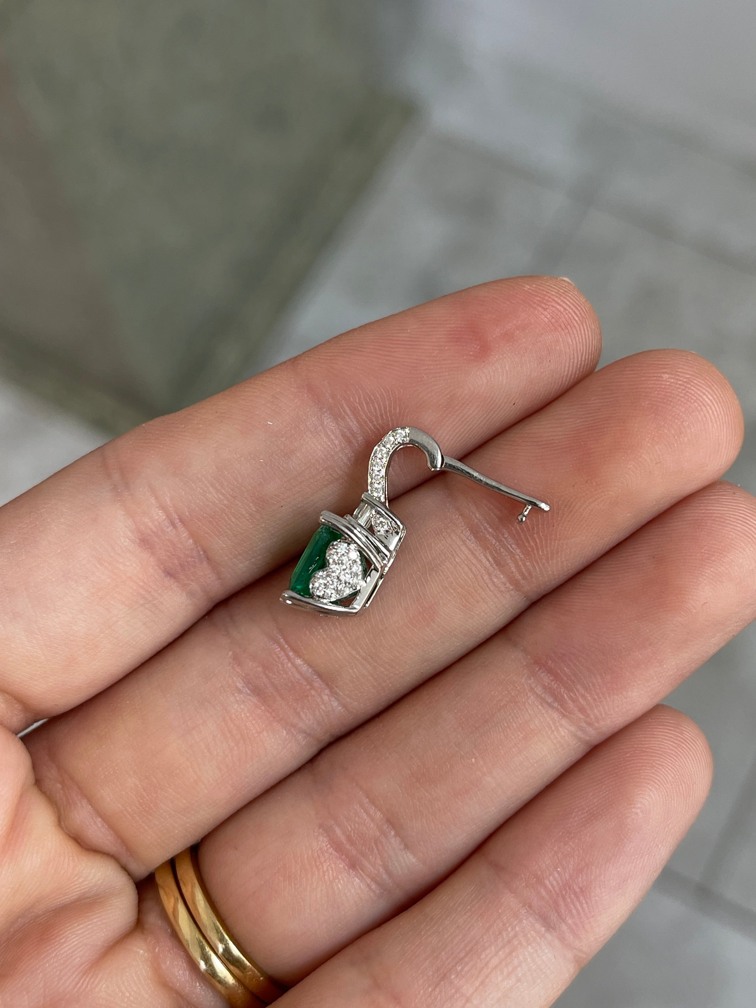 Asscher Cut Colombian Emerald and Diamond Pendant 18K White Gold Necklace - JR Colombian Emeralds