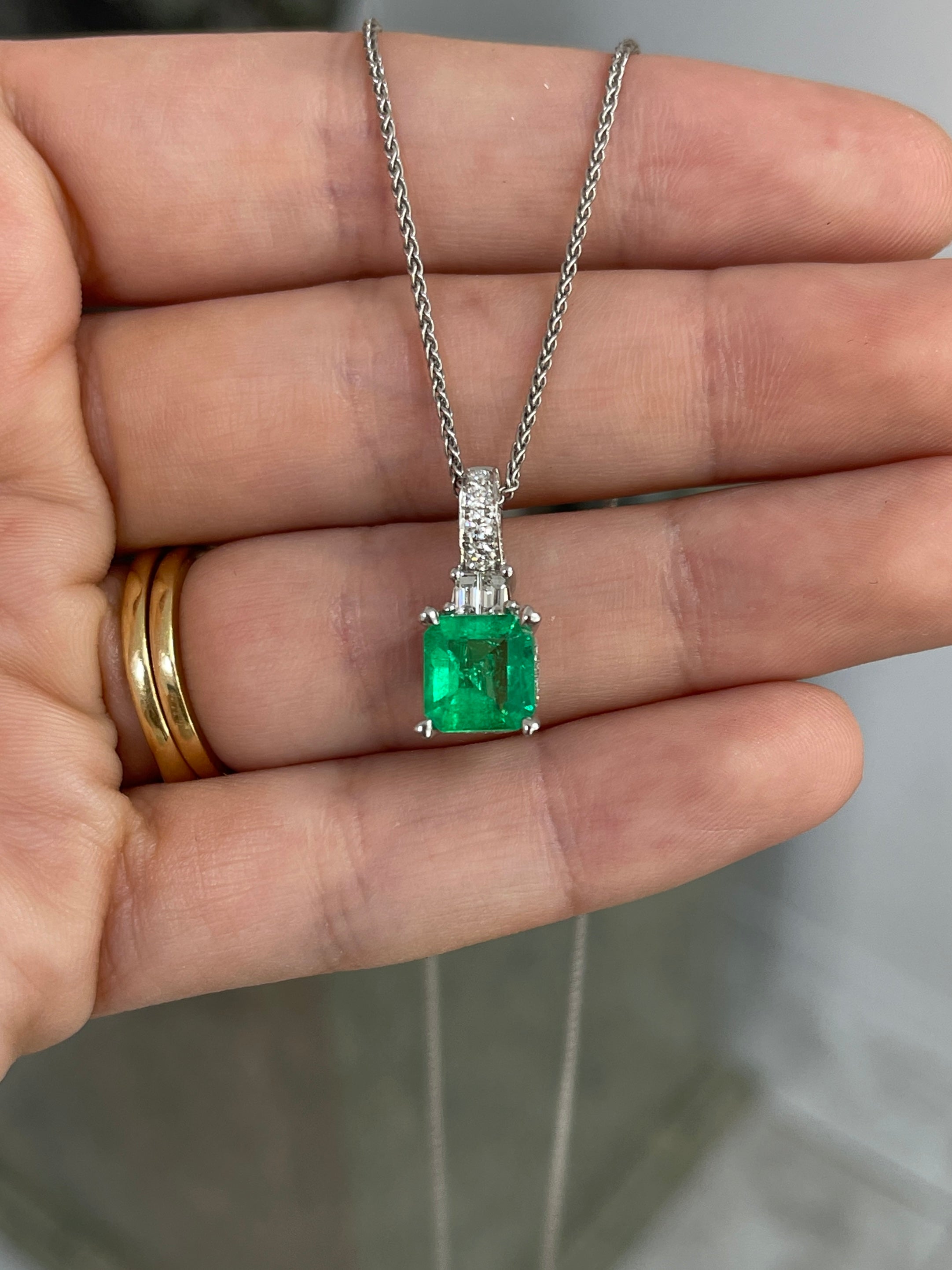 Asscher Cut Colombian Emerald and Diamond Pendant 18K White Gold Necklace - JR Colombian Emeralds