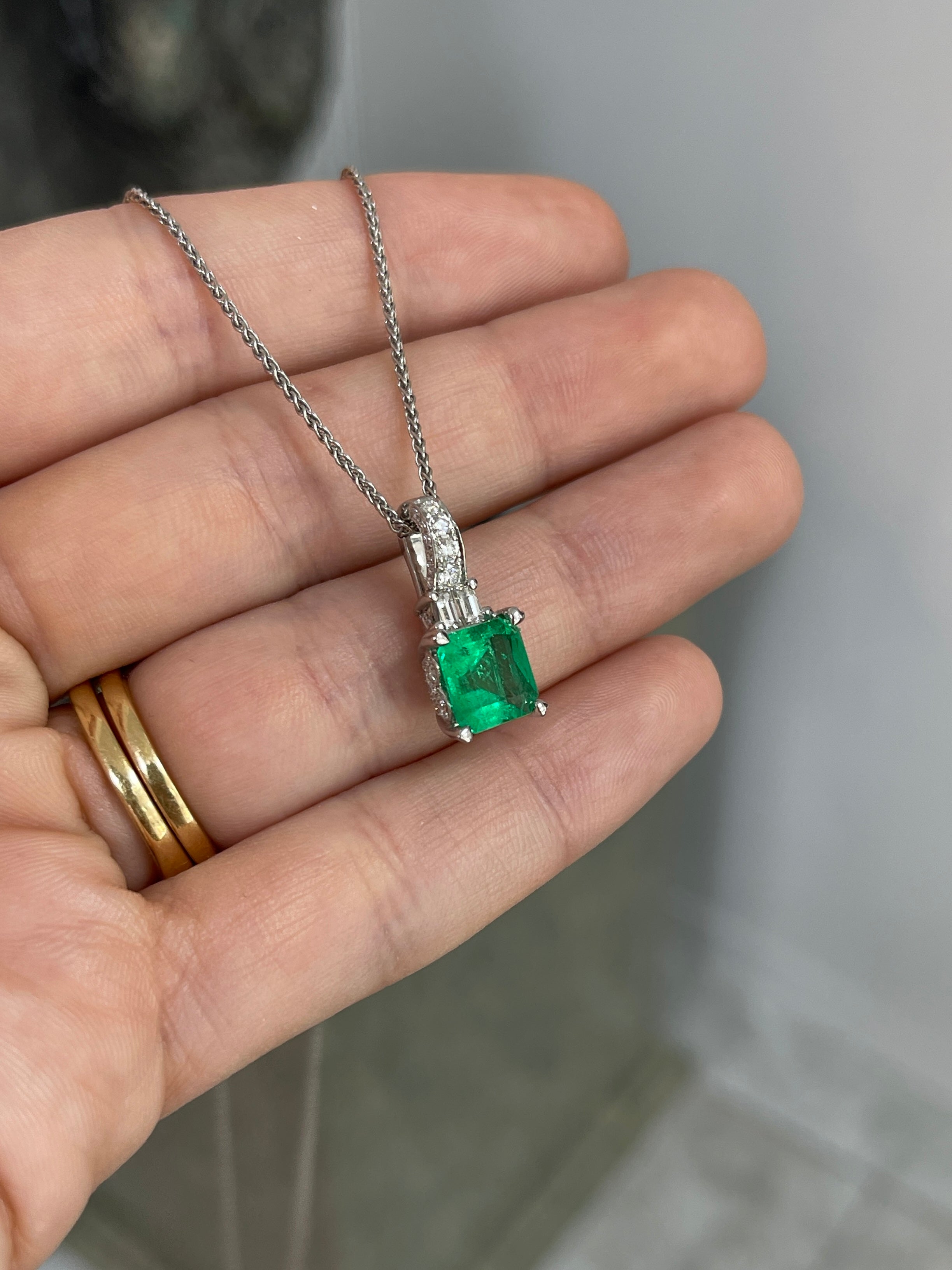 Asscher Cut Colombian Emerald and Diamond Pendant 18K White Gold Necklace - JR Colombian Emeralds