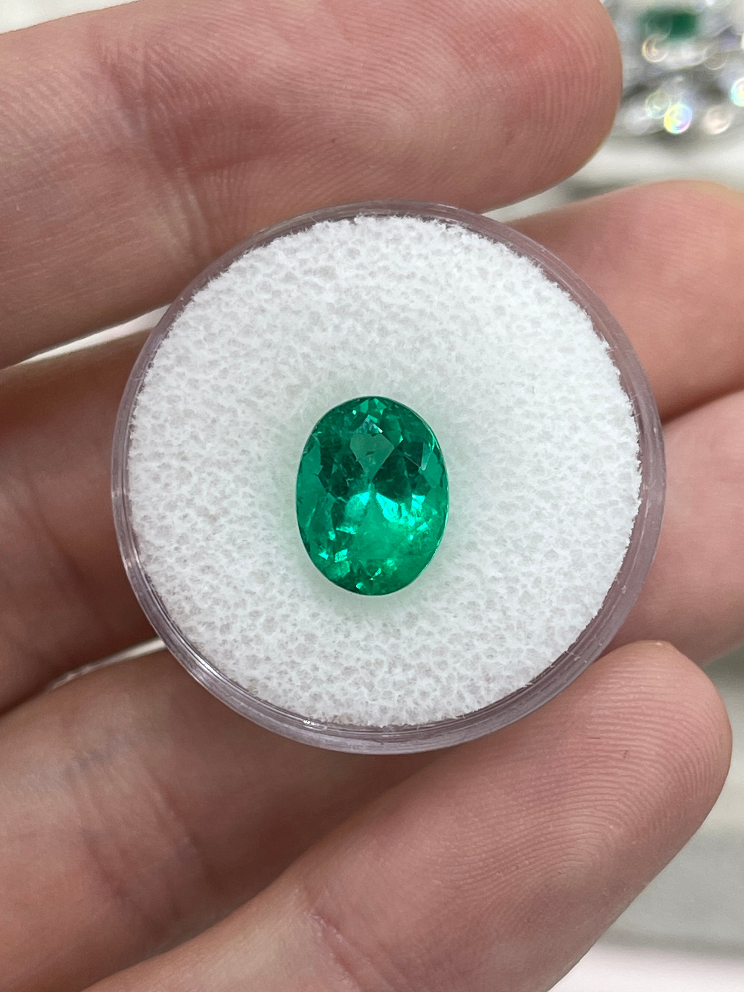 Vivid green 10x8mm oval Colombian emerald loose gemstone, 3.04 carats, ethically mined by JR Colombian Emeralds.