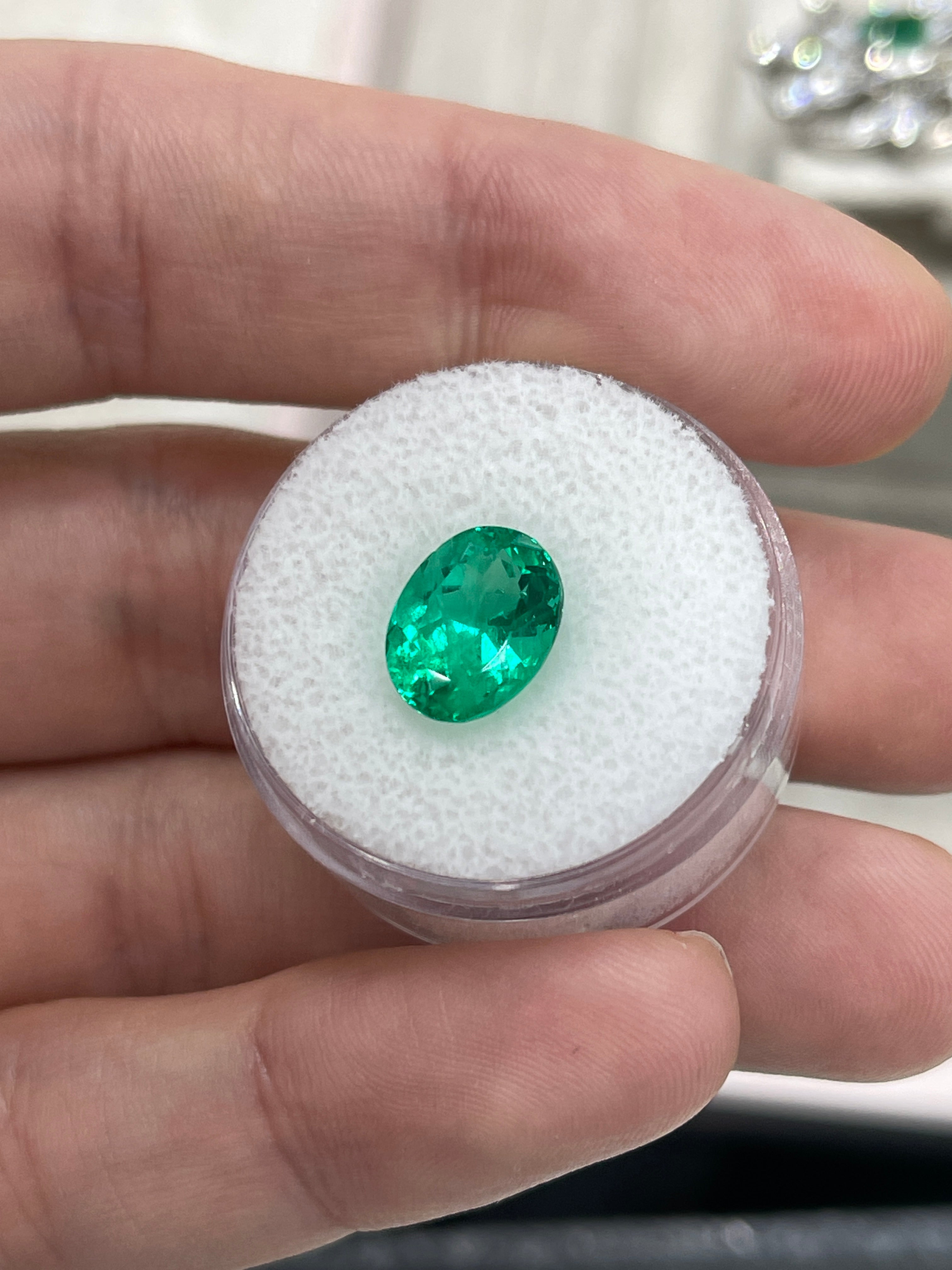 Vivid green 3.04 carat oval Colombian emerald loose gemstone, ethically mined, from JR Colombian Emeralds.