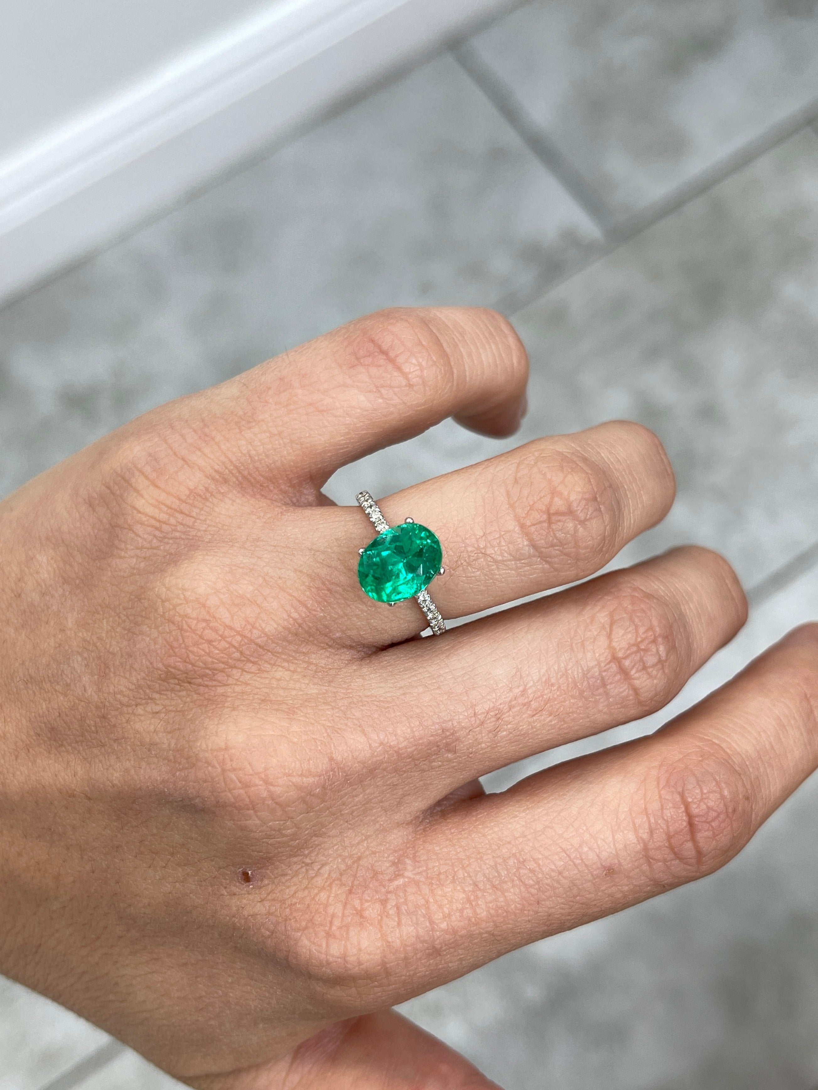 Vivid green 3.04 carat oval Colombian emerald loose gemstone by JR Colombian Emeralds, ethically mined and polished.