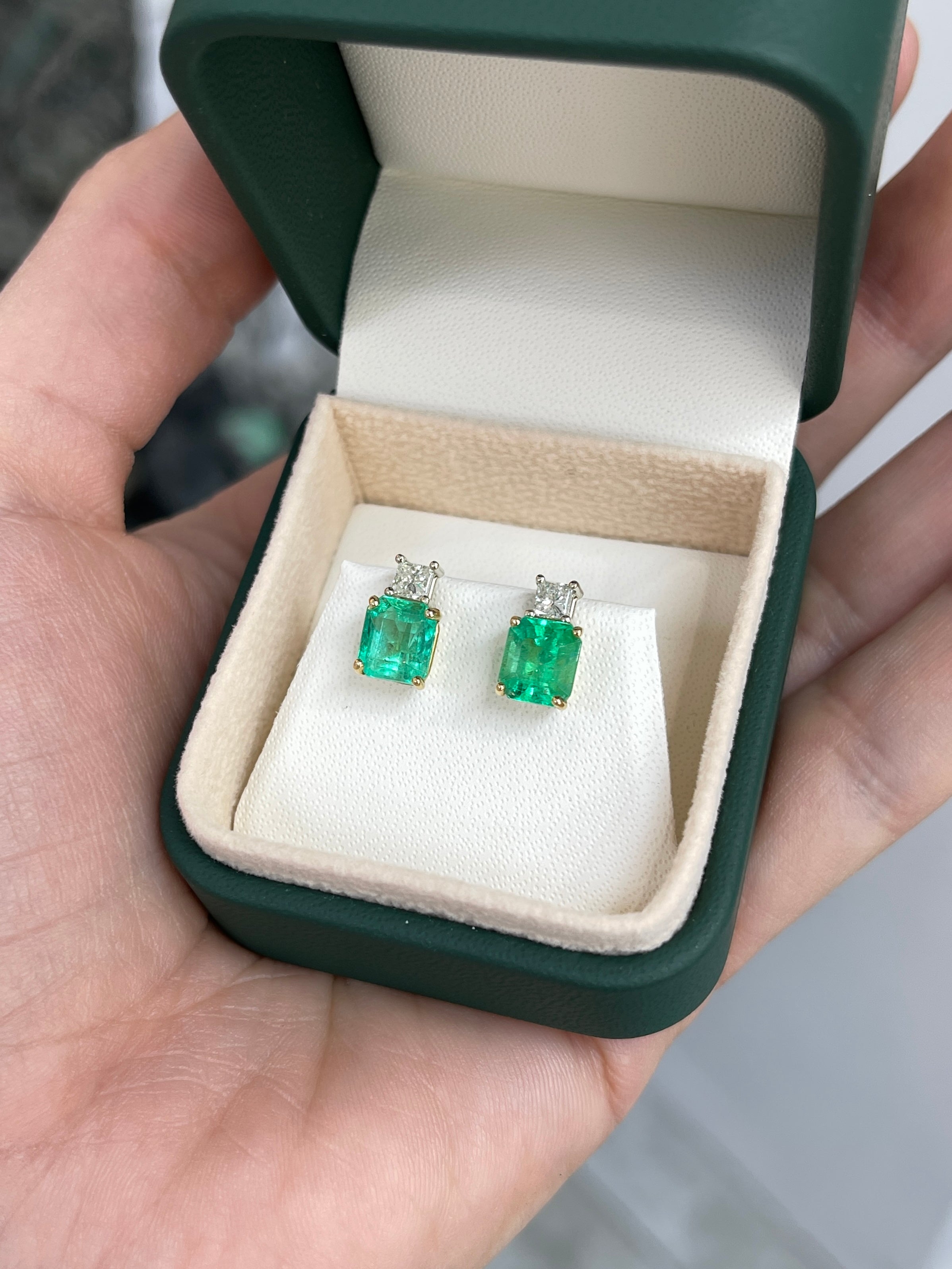 Colombian emerald and princess cut diamond earrings in 18K two-tone gold with 3.10tcw gemstone weight, by JR Colombian Emeralds.