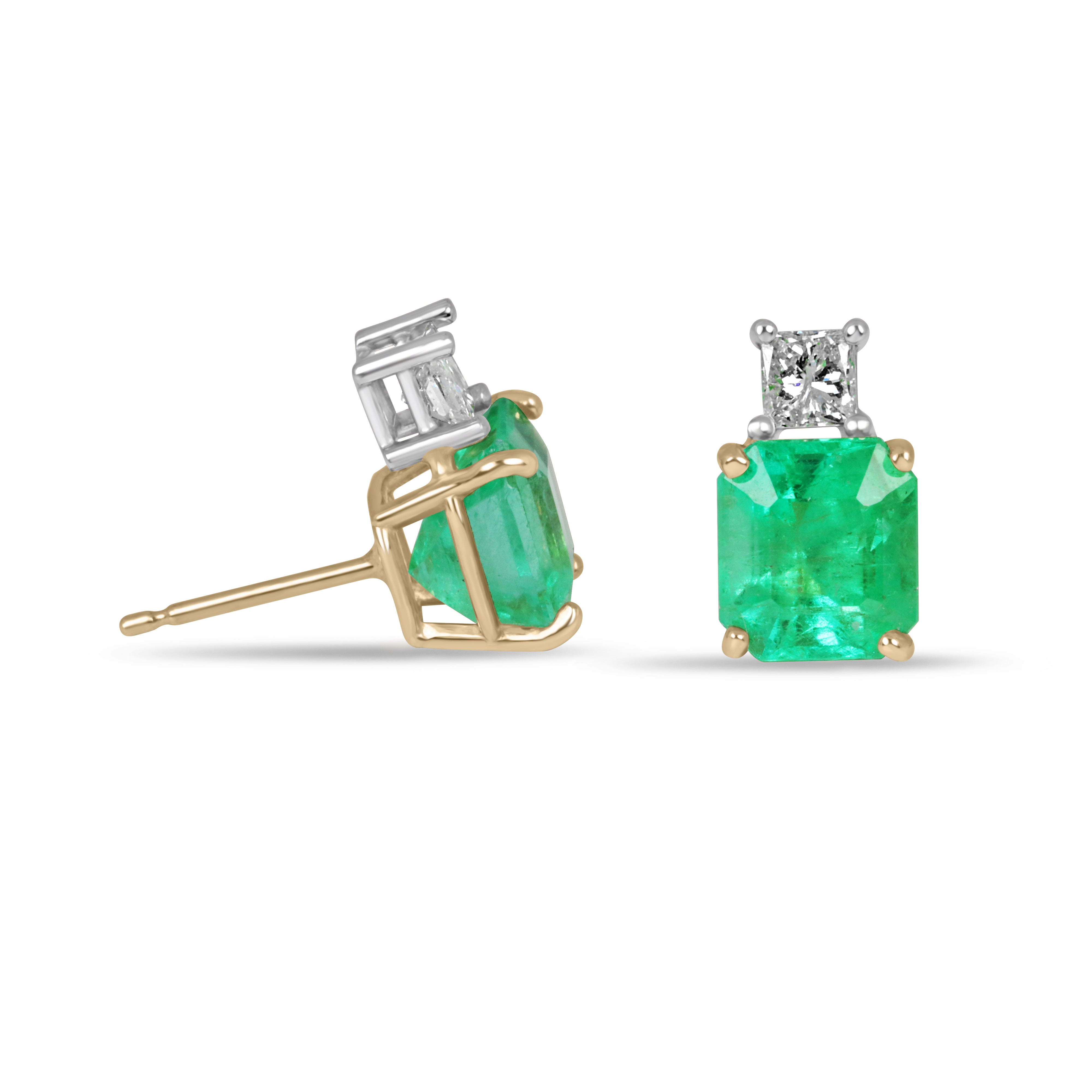 Colombian emerald and princess cut diamond earrings in 18K two-tone gold featuring 3.10 tcw gemstones, crafted by JR Colombian Emeralds.