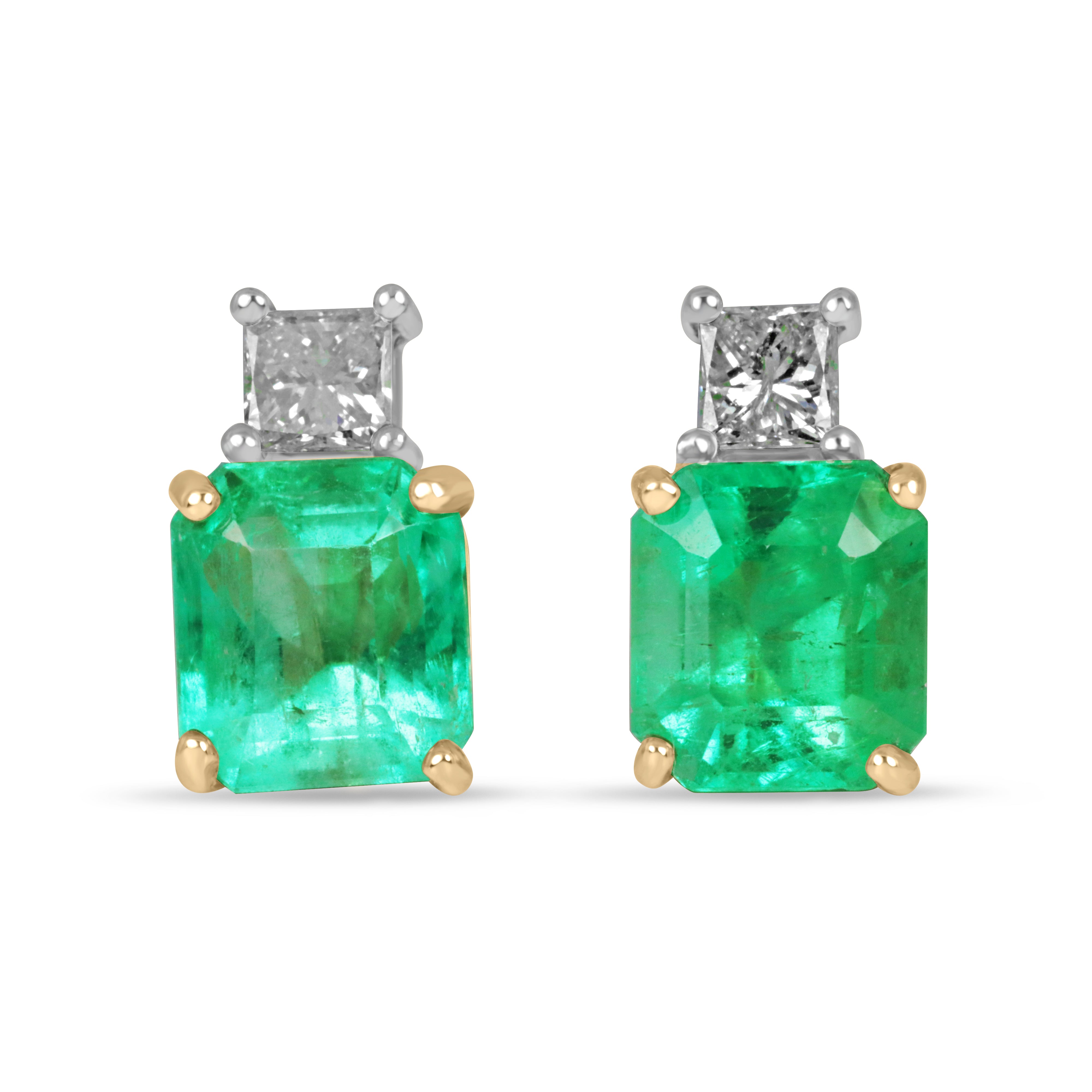 Colombian emerald and princess cut diamond earrings in 18K two-tone gold, featuring vibrant green emeralds and sparkling diamonds.