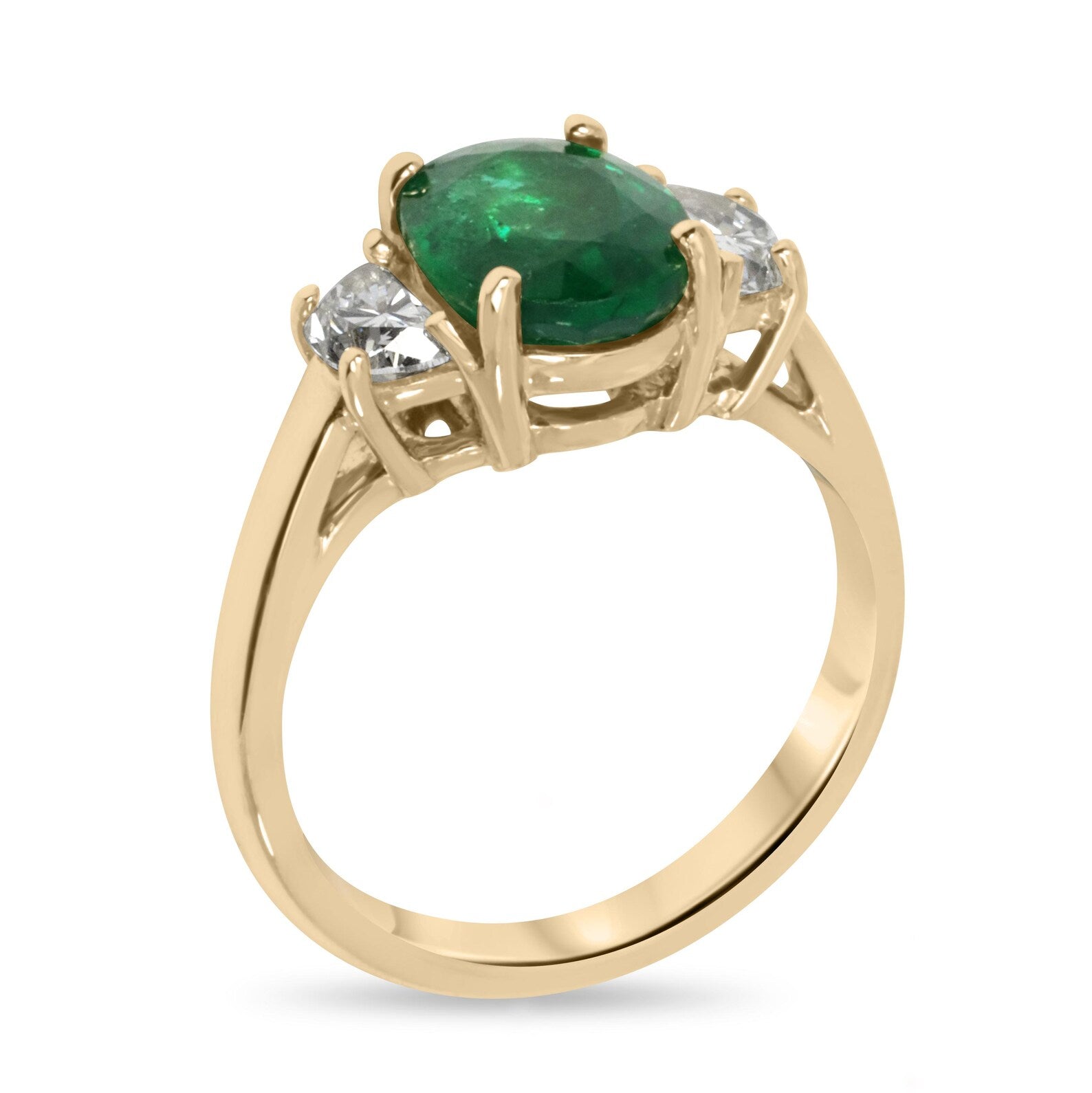 Anello a tre pietre in oro 14 carati con smeraldo ovale naturale da 3,10 carati e diamanti sintetici a forma di mezzaluna - Smeraldi colombiani JR