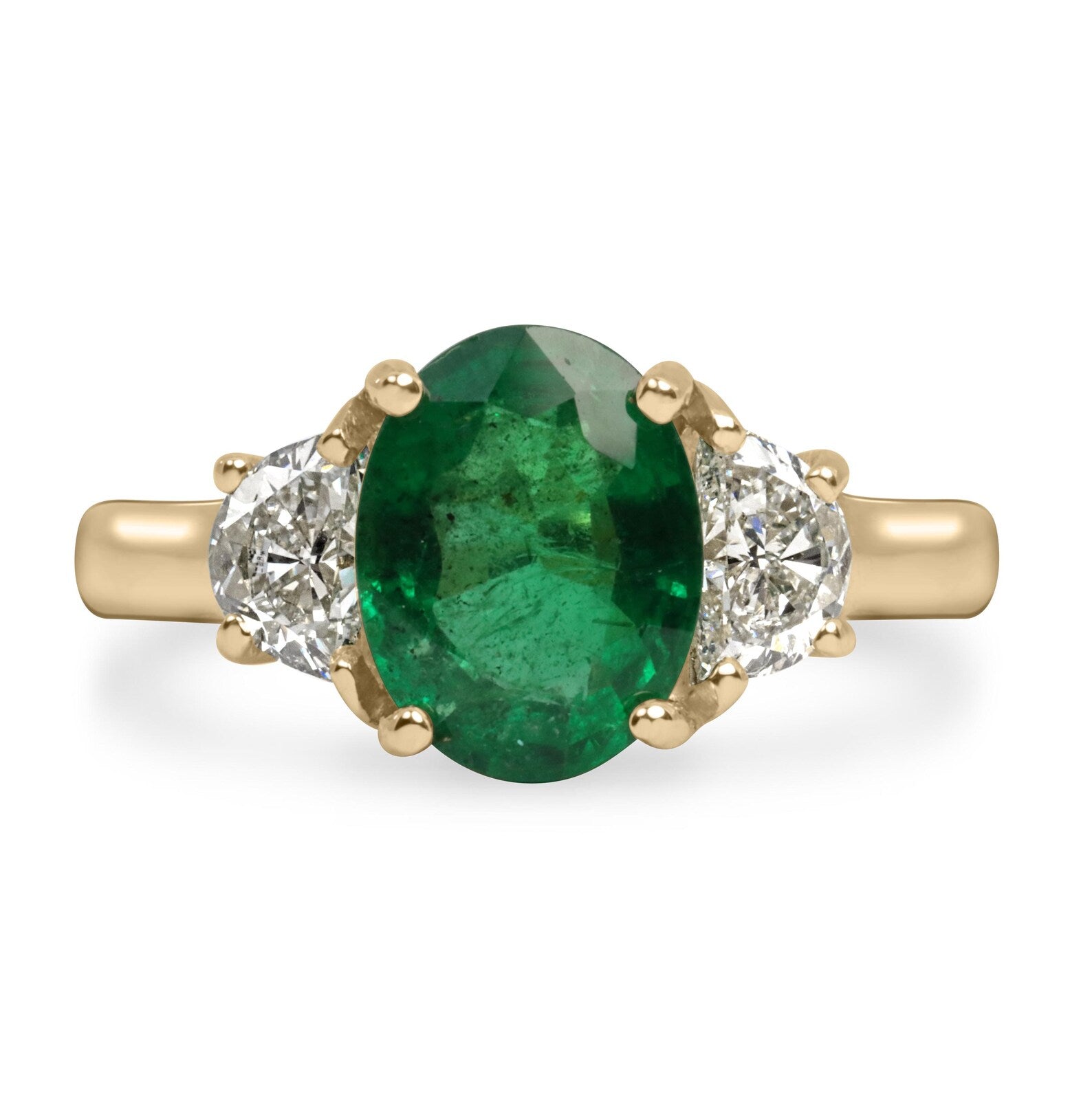 Oval emerald and half moon lab diamond three-stone ring in 14K gold, featuring natural 3.10tcw gemstones by JR Colombian Emeralds