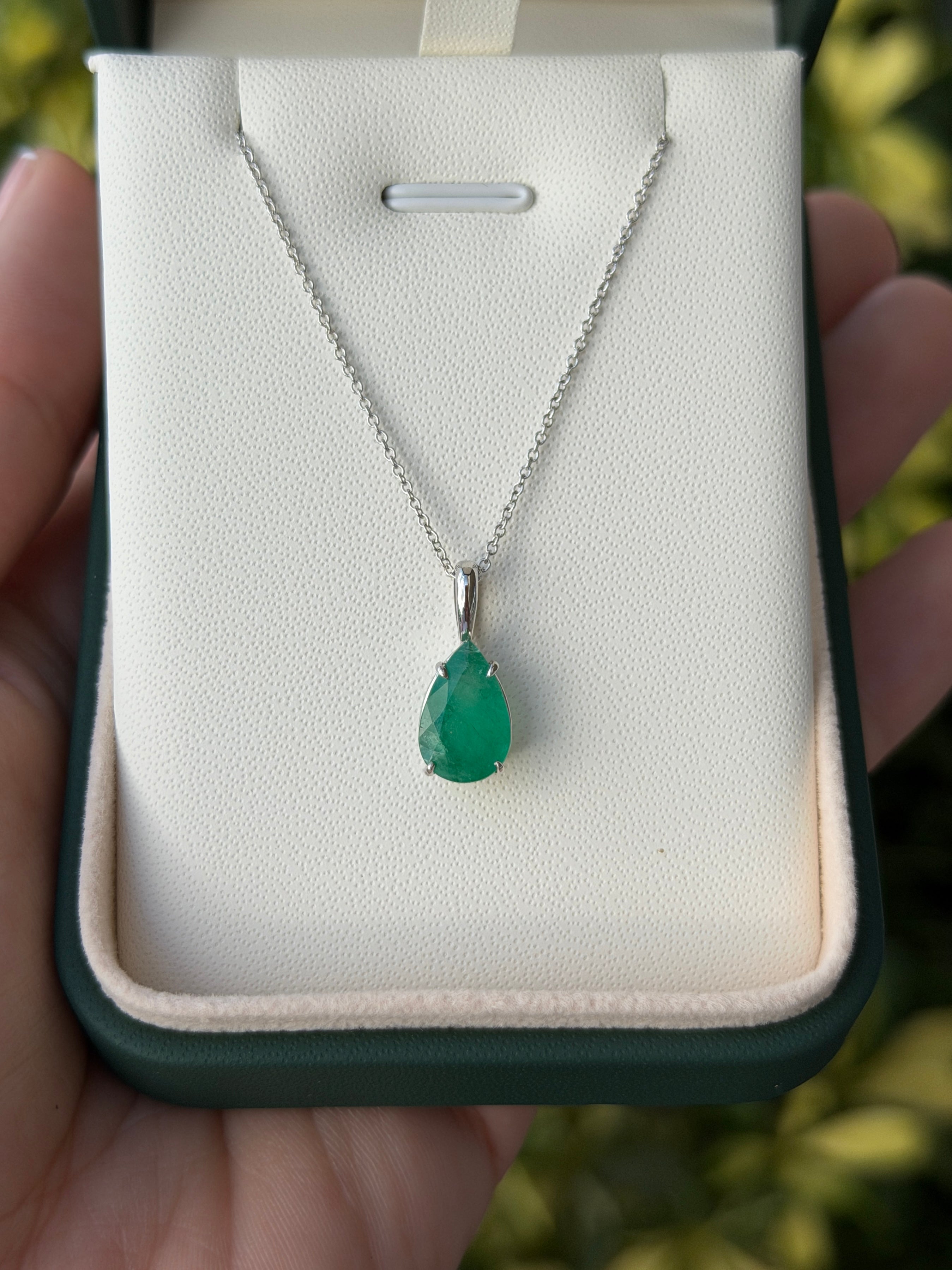Natural pear-shaped emerald solitaire necklace in 14K white gold with a 3.15 carat emerald from JR Colombian Emeralds.