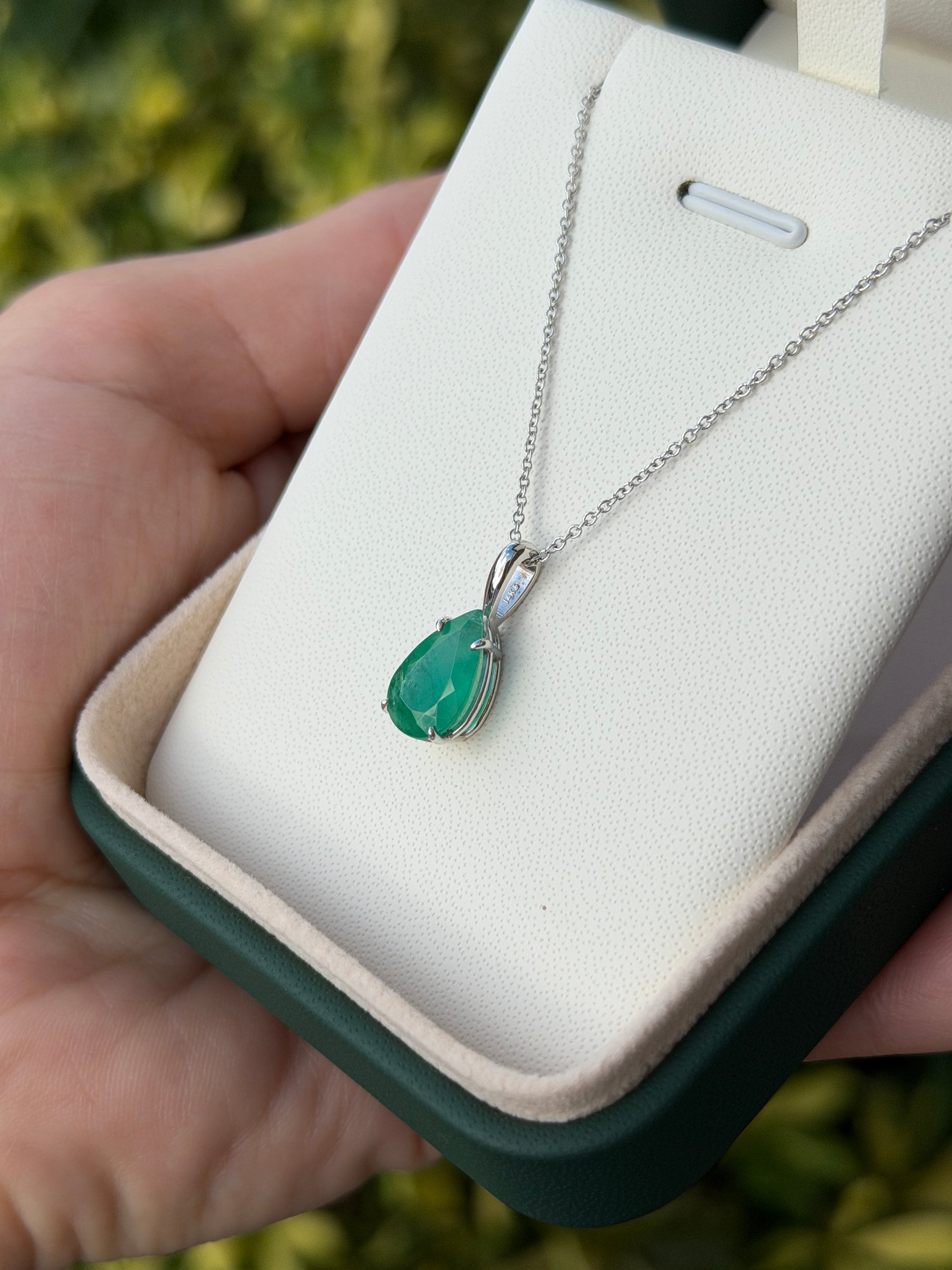 Natural pear-shaped emerald solitaire necklace in 14K white gold with a 3.15 carat emerald, by JR Colombian Emeralds.
