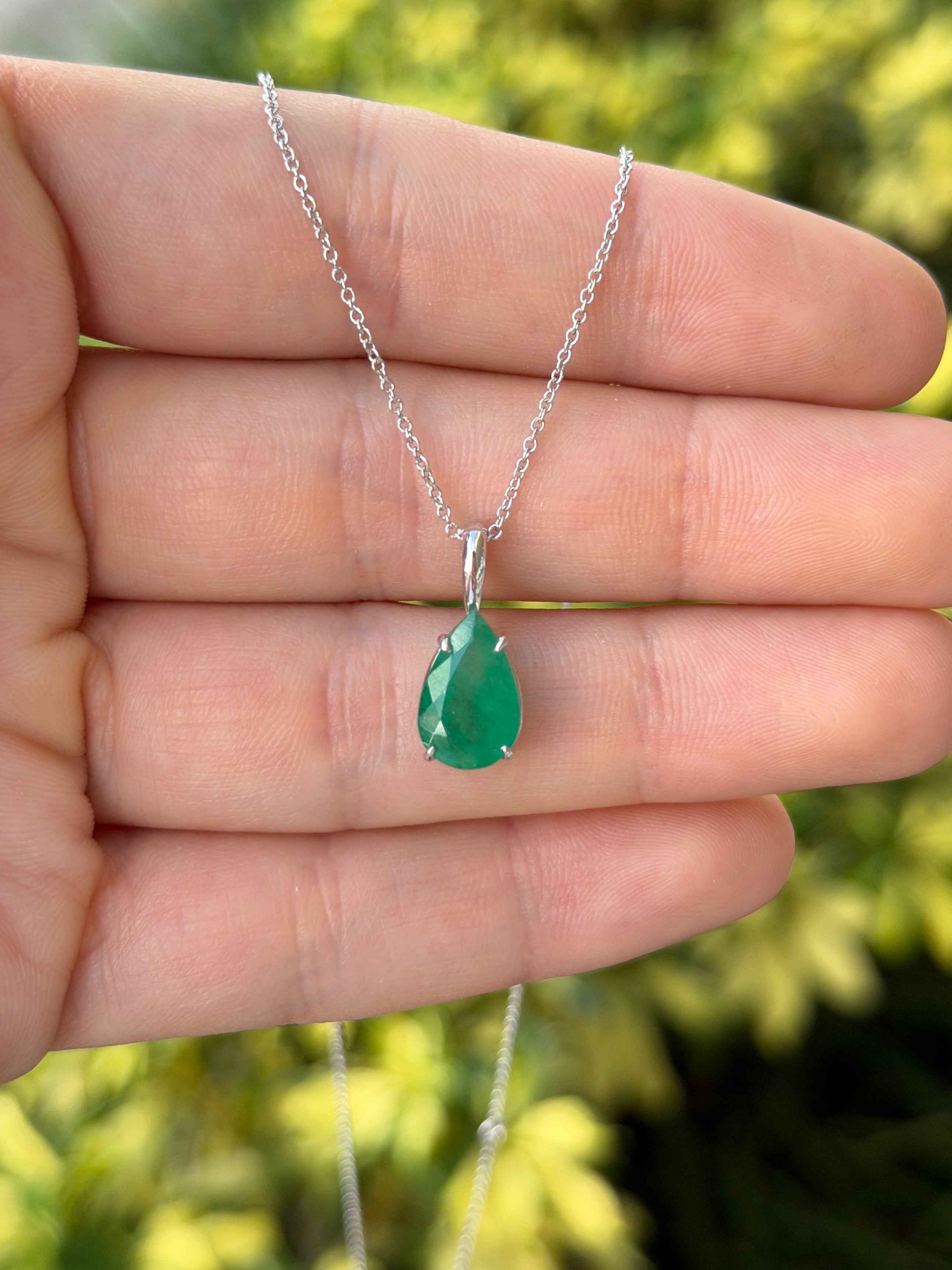 Natural pear-shaped emerald solitaire necklace in 14K white gold, featuring a 3.15 carat emerald pendant by JR Colombian Emeralds.