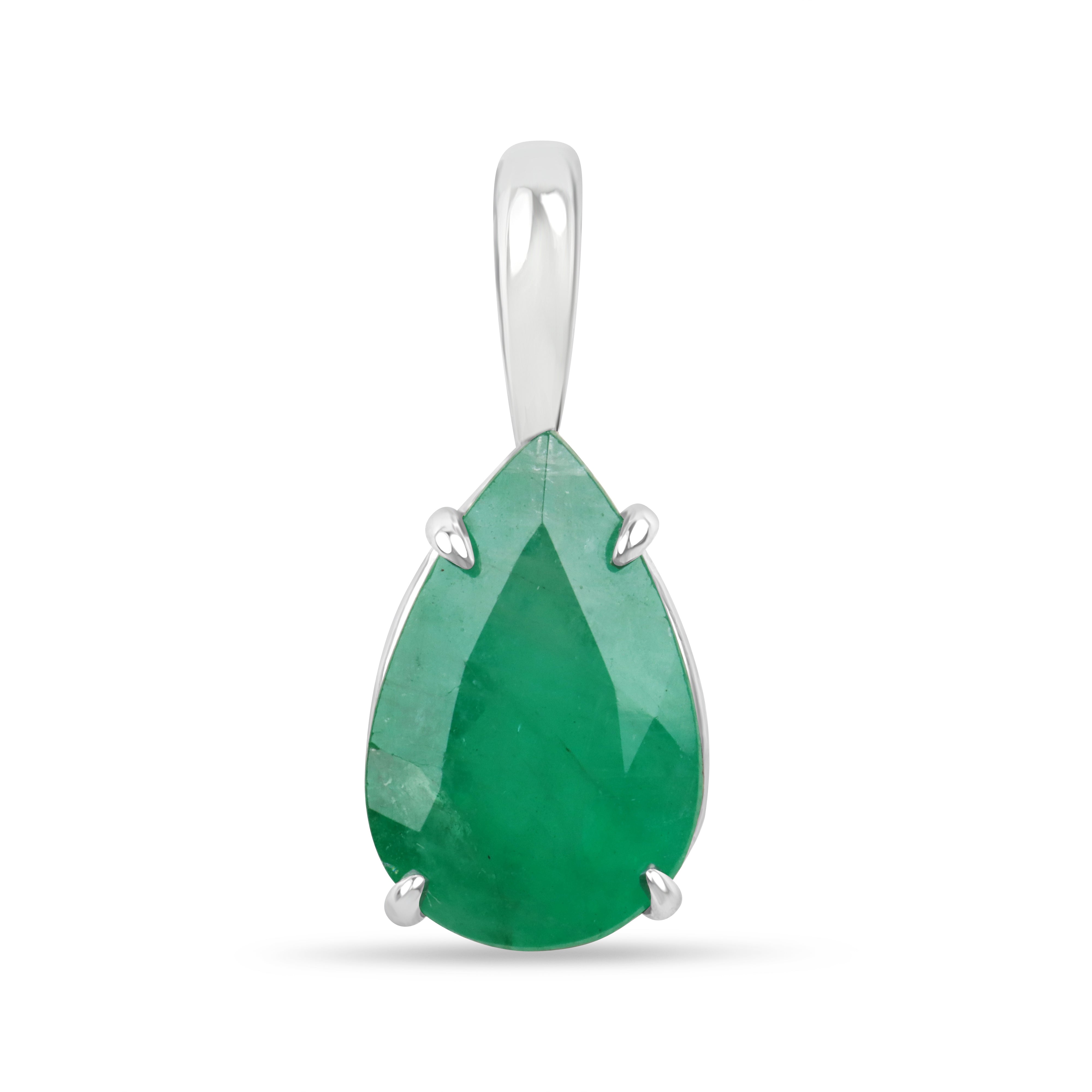 Natural pear-shaped emerald solitaire necklace in 14K white gold featuring a 3.15 carat emerald, by JR Colombian Emeralds.
