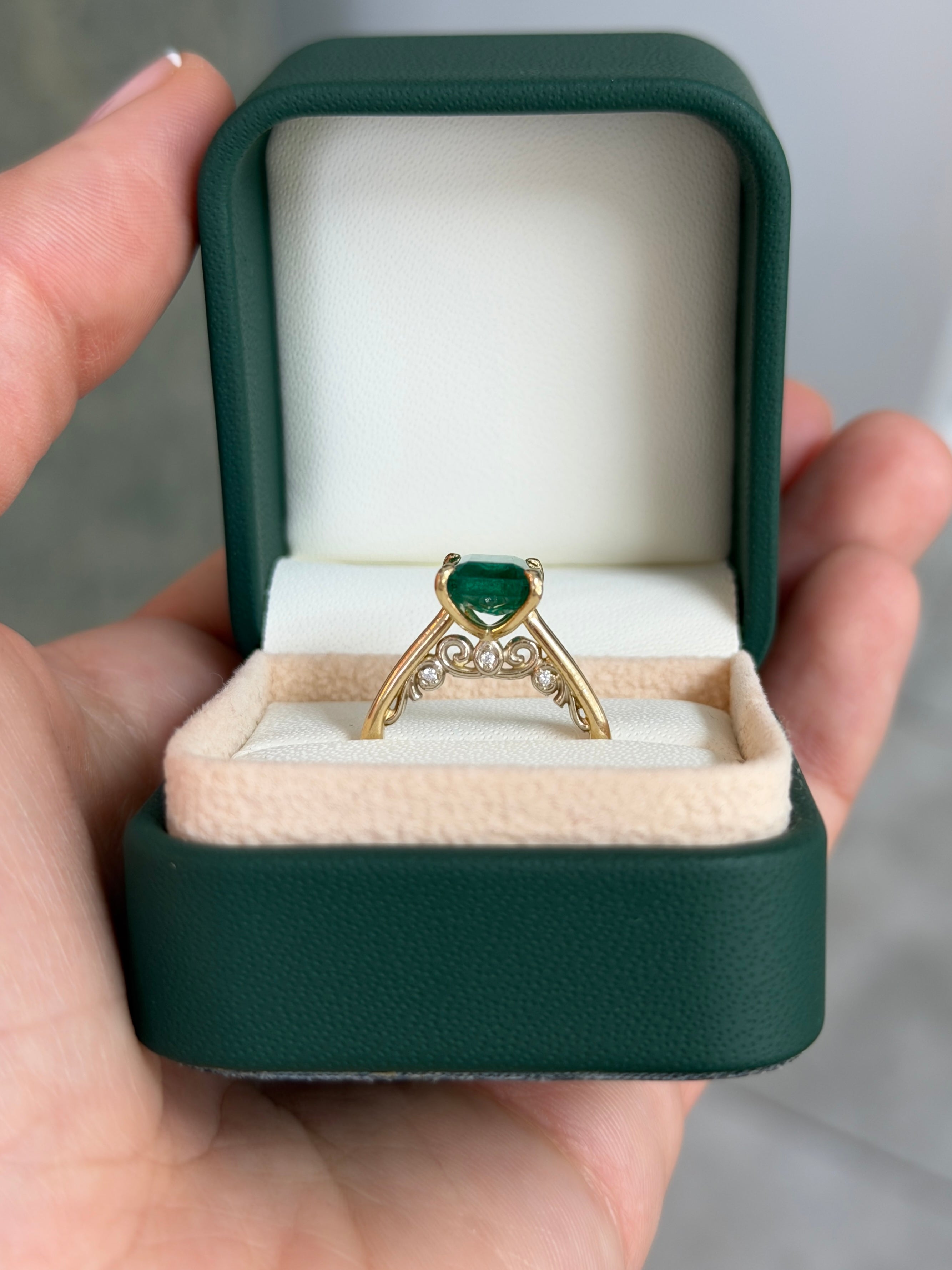 14K natural emerald cut emerald and hidden diamond gallery engagement ring by JR Colombian Emeralds, detailed close-up image.
