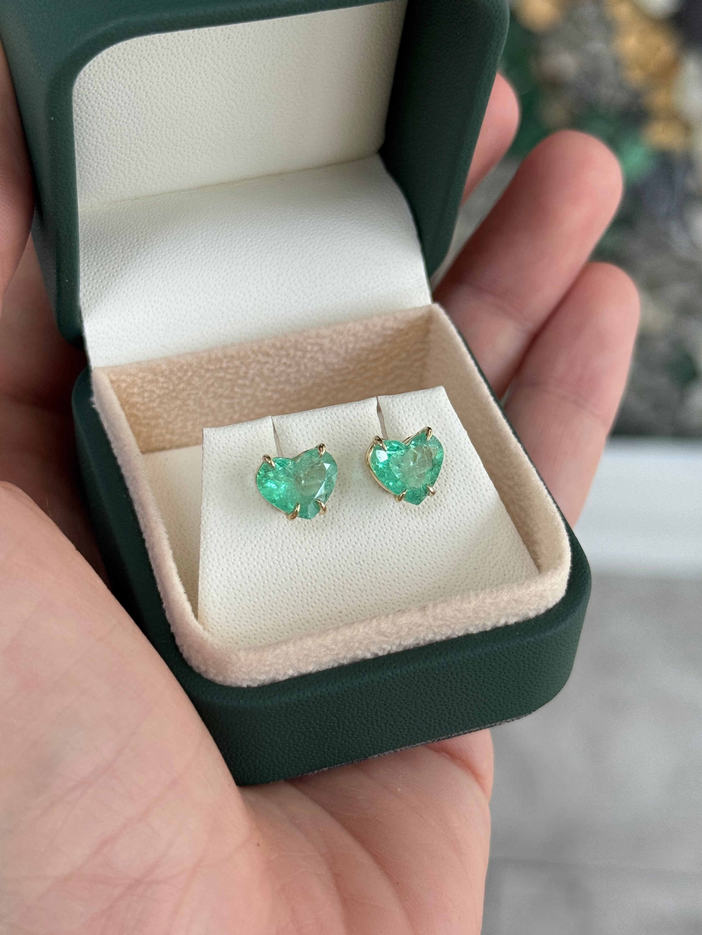 3.24tcw Matching Pair Green Natural Colombian Emerald Hearts Stud Earrings 14K - JR Colombian Emeralds