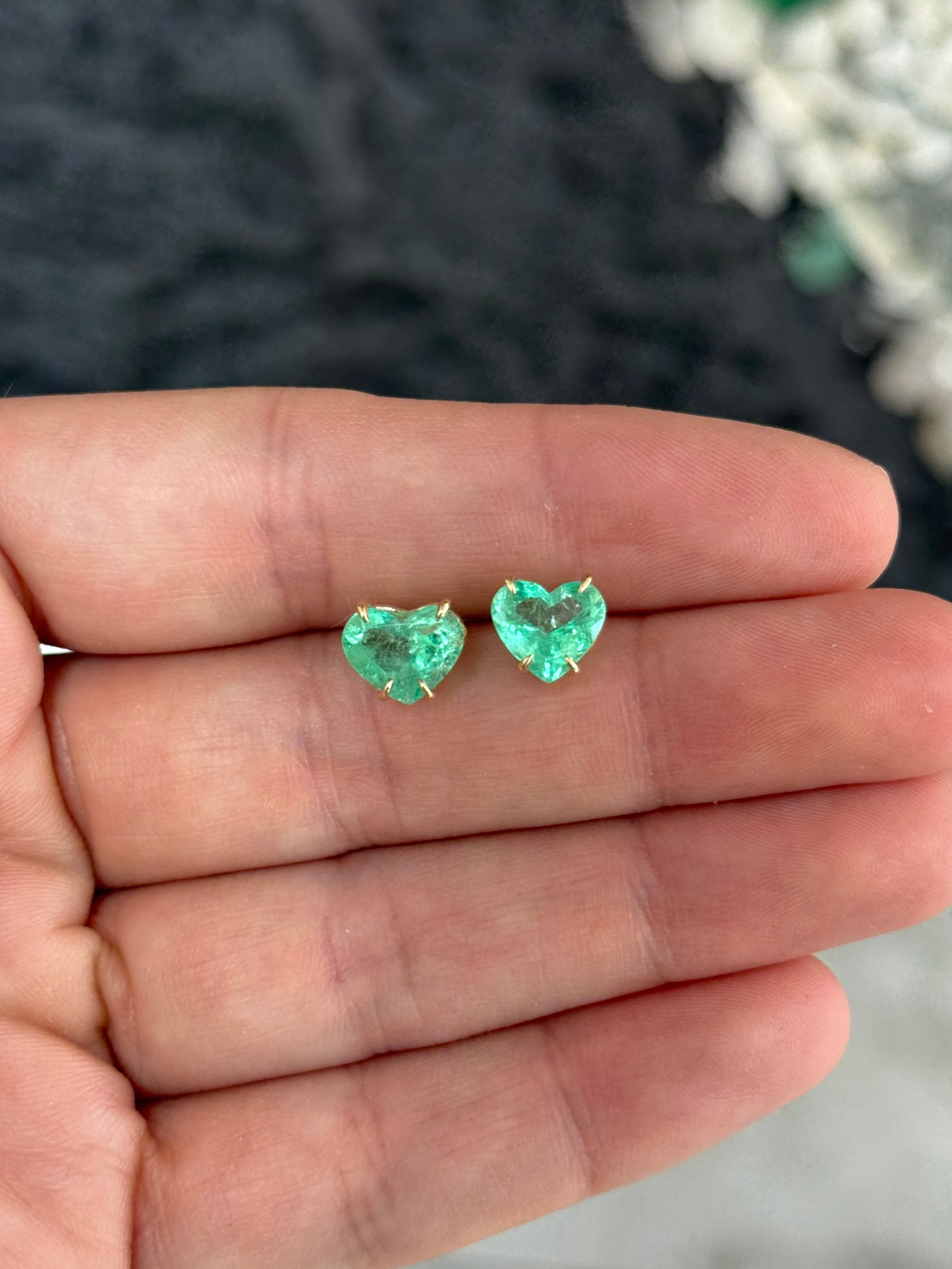 3.24tcw Matching Pair Green Natural Colombian Emerald Hearts Stud Earrings 14K - JR Colombian Emeralds