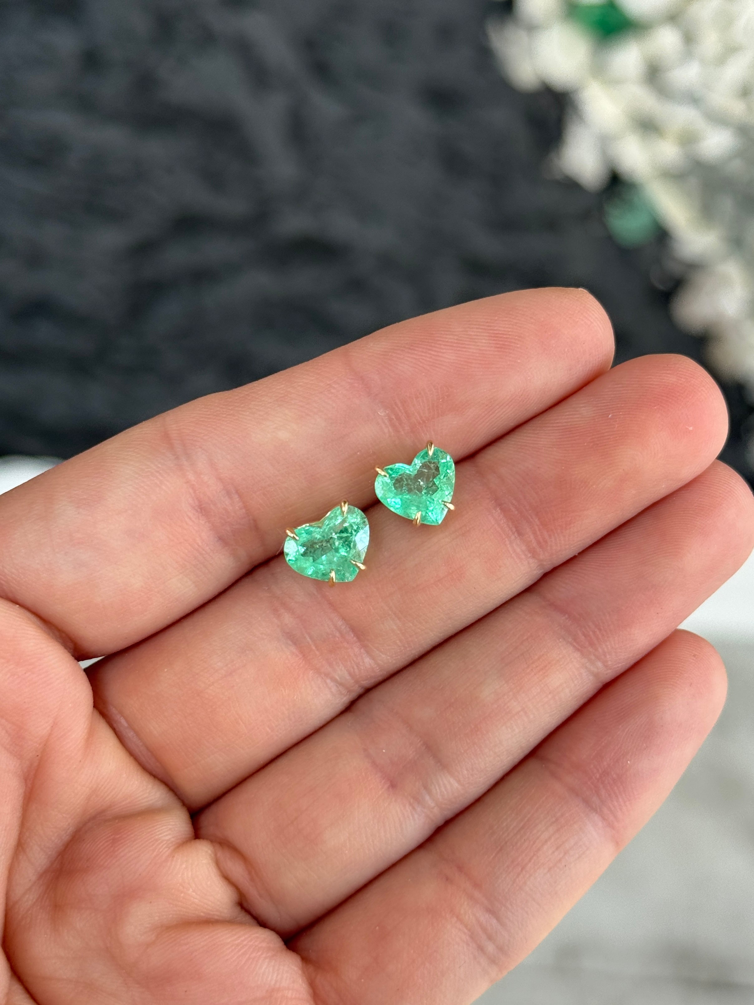 3.24tcw Matching Pair Green Natural Colombian Emerald Hearts Stud Earrings 14K - JR Colombian Emeralds
