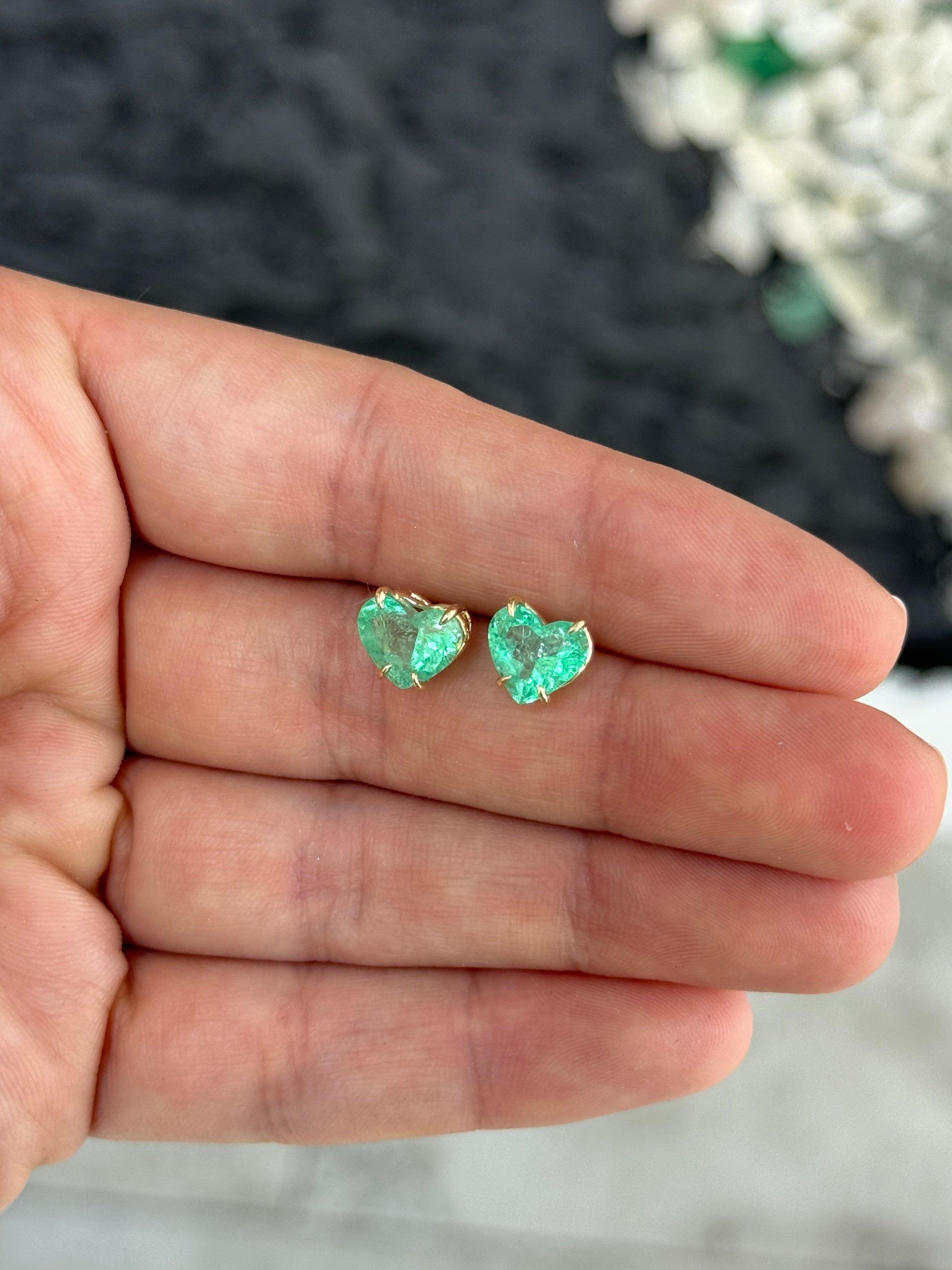 3.24tcw Matching Pair Green Natural Colombian Emerald Hearts Stud Earrings 14K - JR Colombian Emeralds