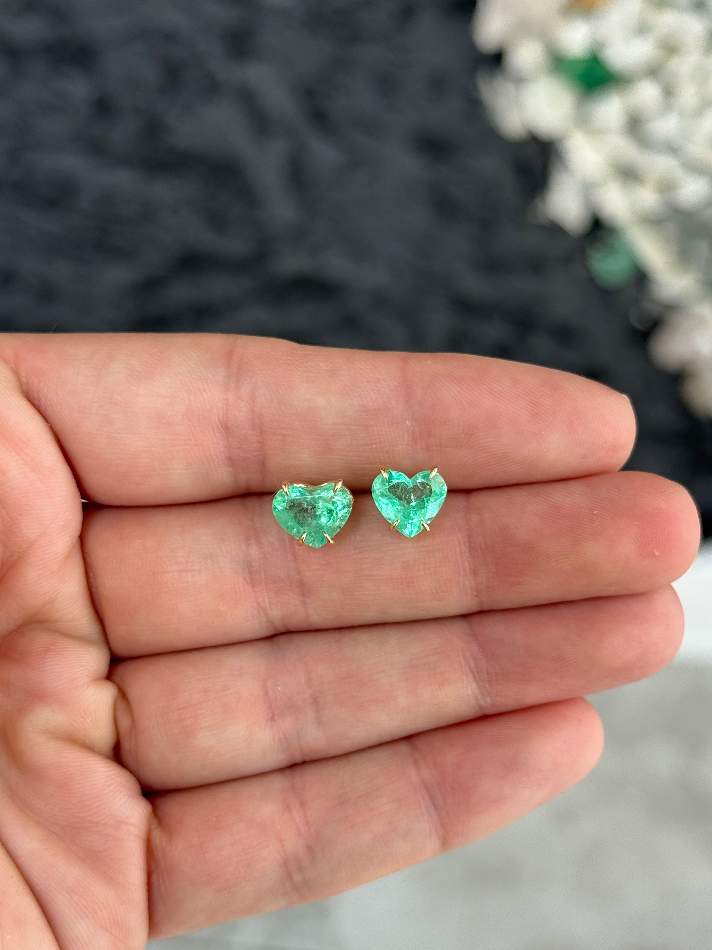 3.24tcw Matching Pair Green Natural Colombian Emerald Hearts Stud Earrings 14K - JR Colombian Emeralds