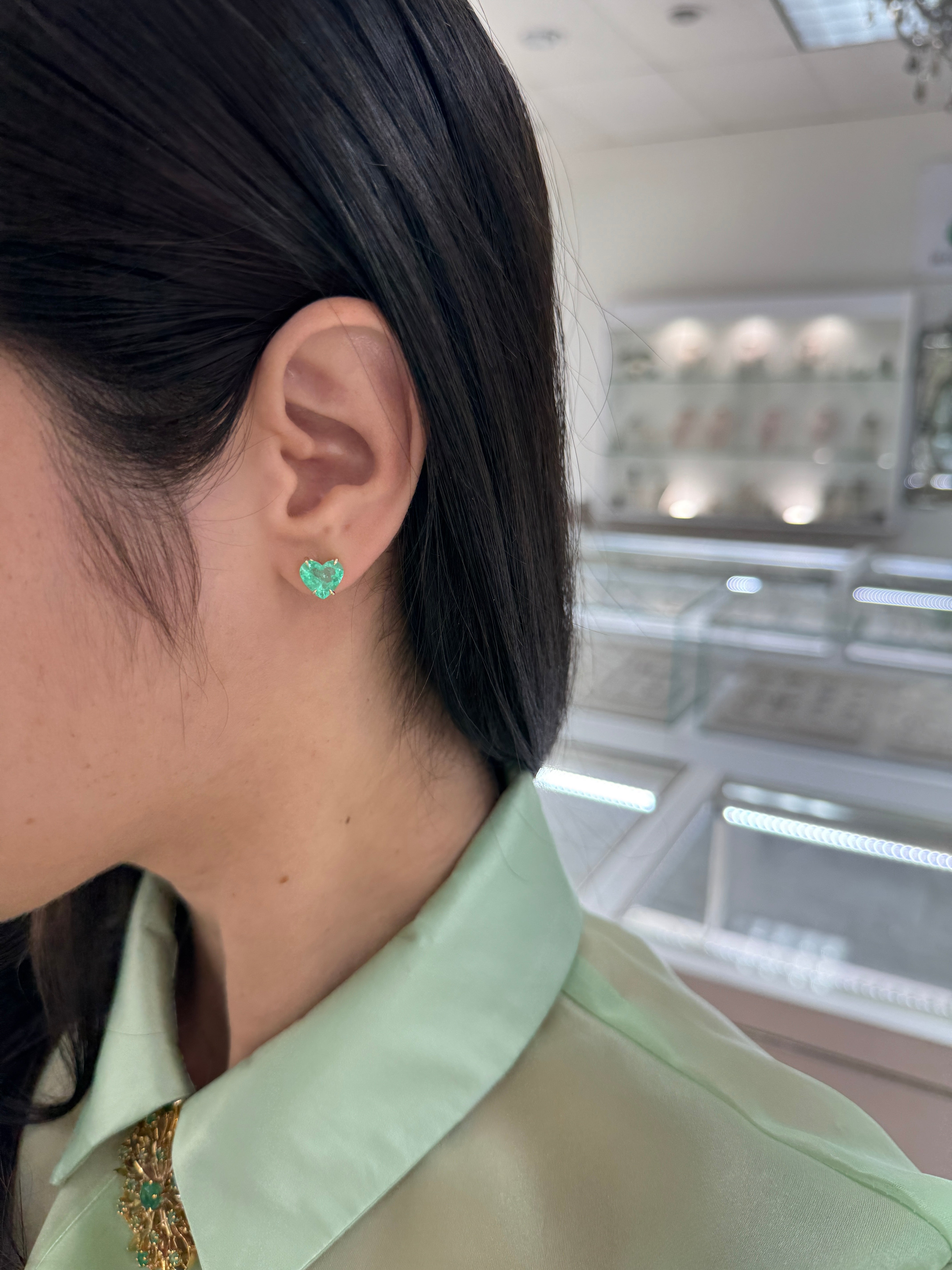 3.24tcw Matching Pair Green Natural Colombian Emerald Hearts Stud Earrings 14K - JR Colombian Emeralds