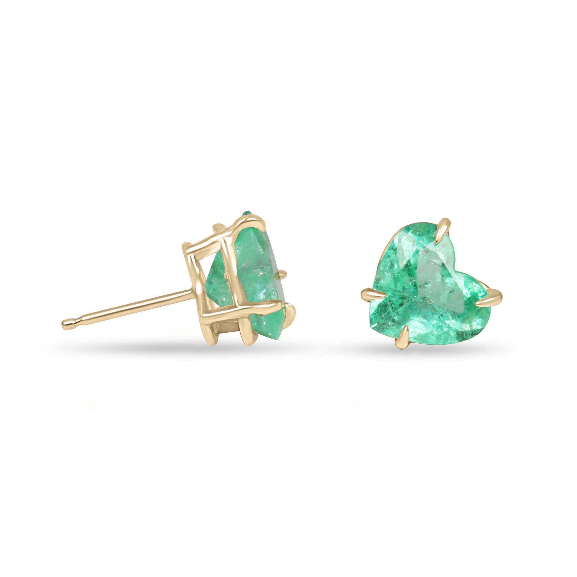 3.24tcw Matching Pair Green Natural Colombian Emerald Hearts Stud Earrings 14K - JR Colombian Emeralds