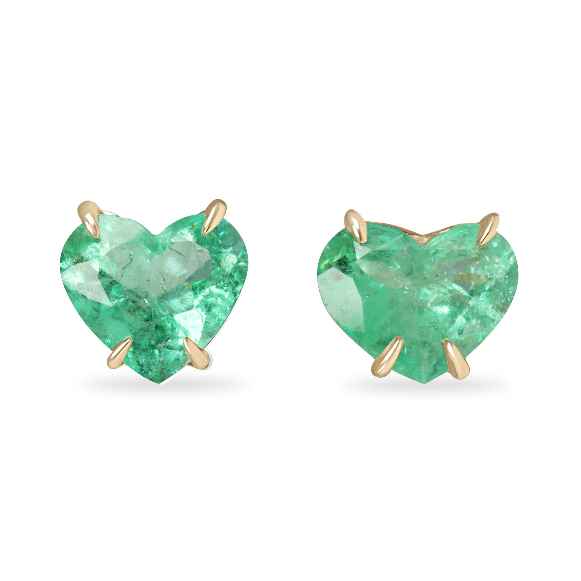 3.24tcw Matching Pair Green Natural Colombian Emerald Hearts Stud Earrings 14K - JR Colombian Emeralds