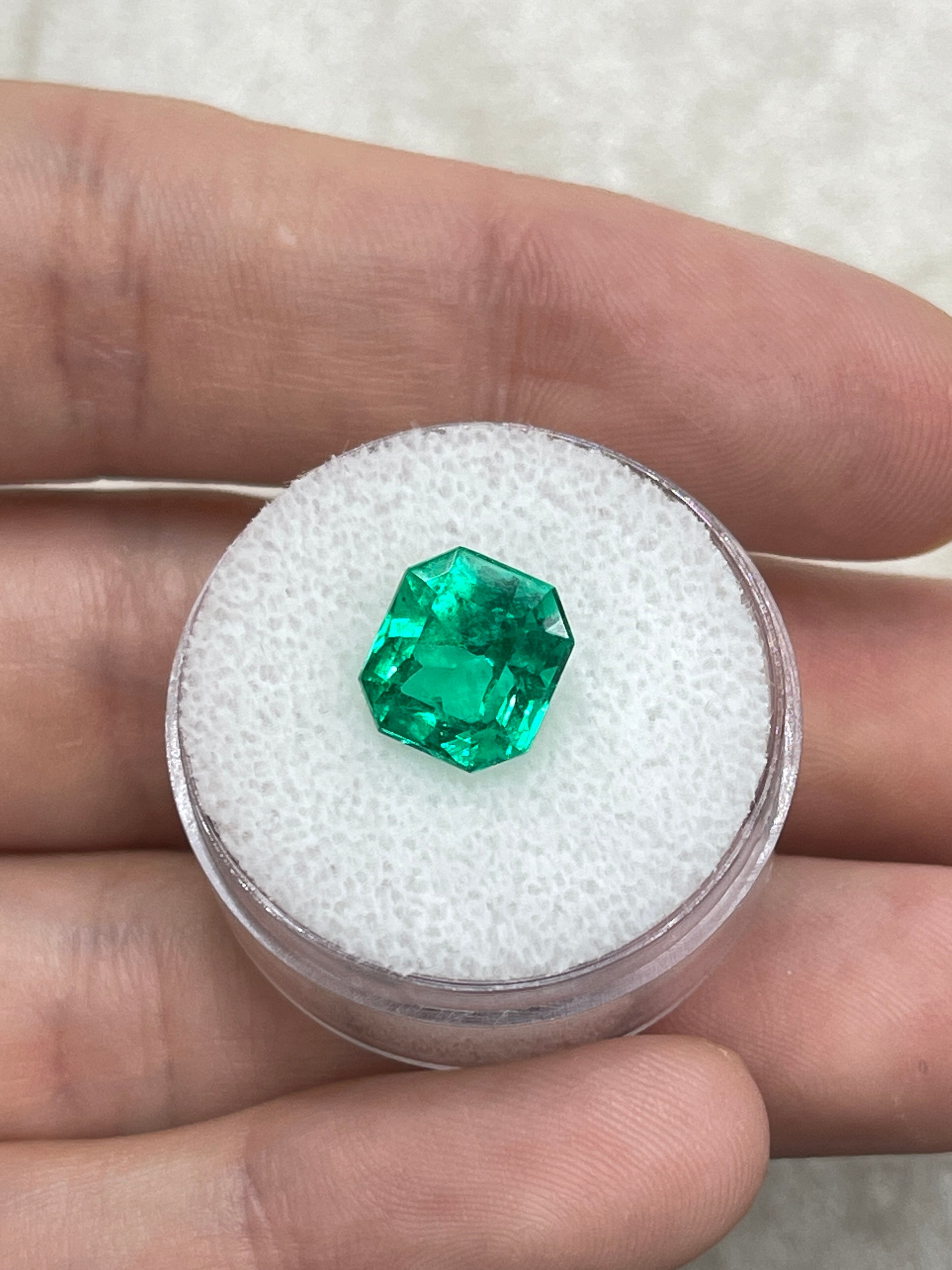 Vivid yellowish green 3.26 carat Colombian emerald cut gemstone from JR Colombian Emeralds, showcasing its vibrant color and clarity.