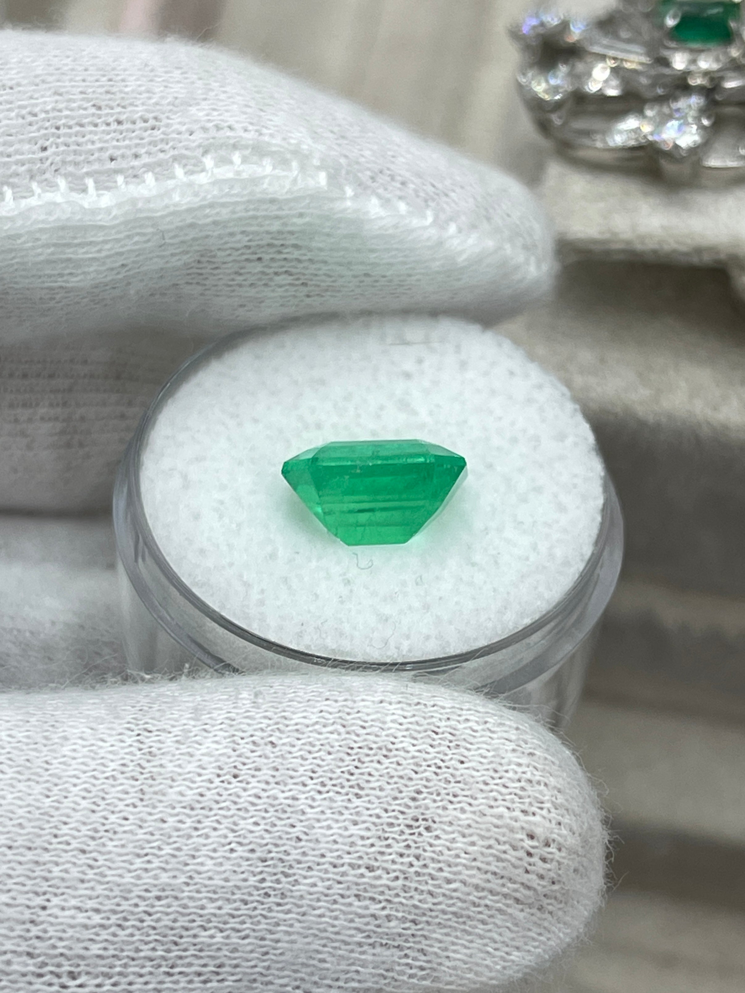 Natural green Colombian emerald loose gemstone, 3.30 carats, emerald cut, vibrant glowing green color, from JR Colombian Emeralds.