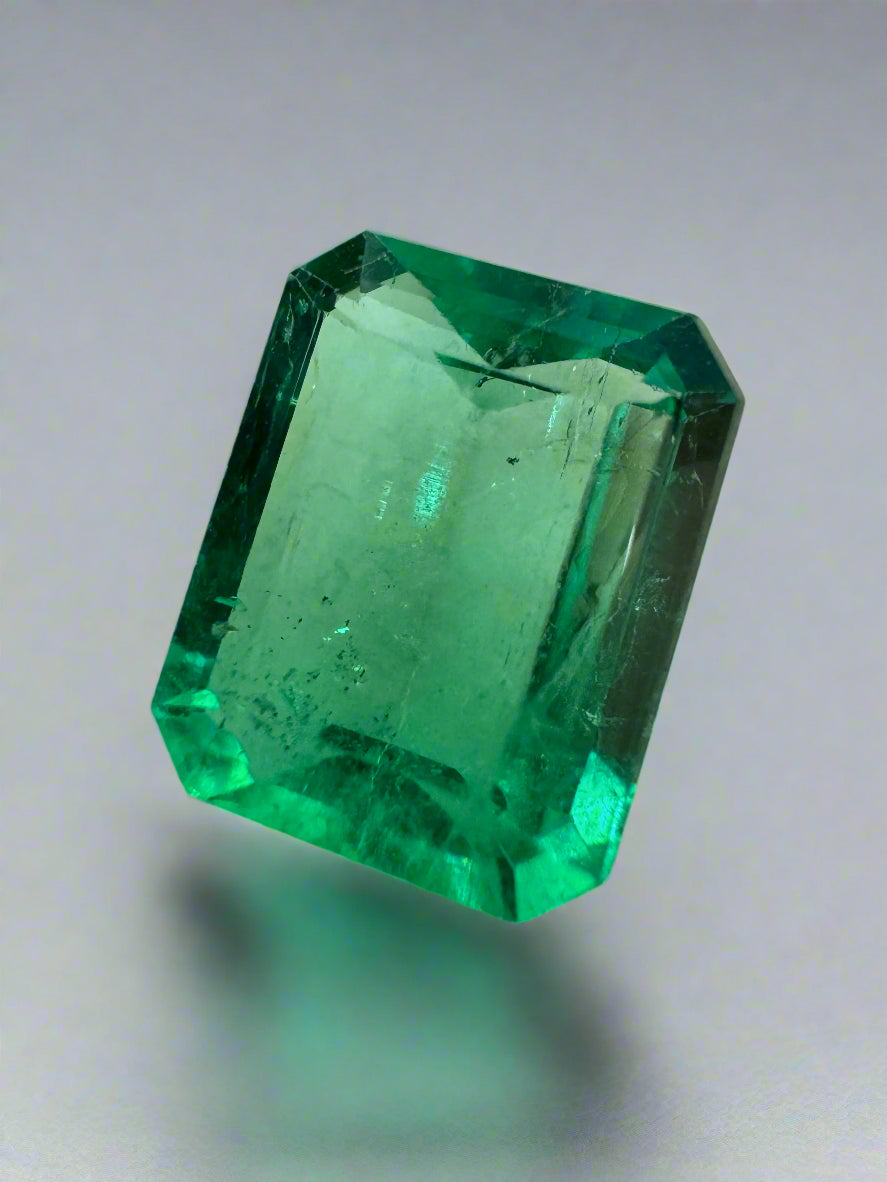 Loose 3.30ct Muzo Colombian emerald gemstone with yellowish green color, spready cut, 10.4x8.4mm, earth-mined jewelry gem