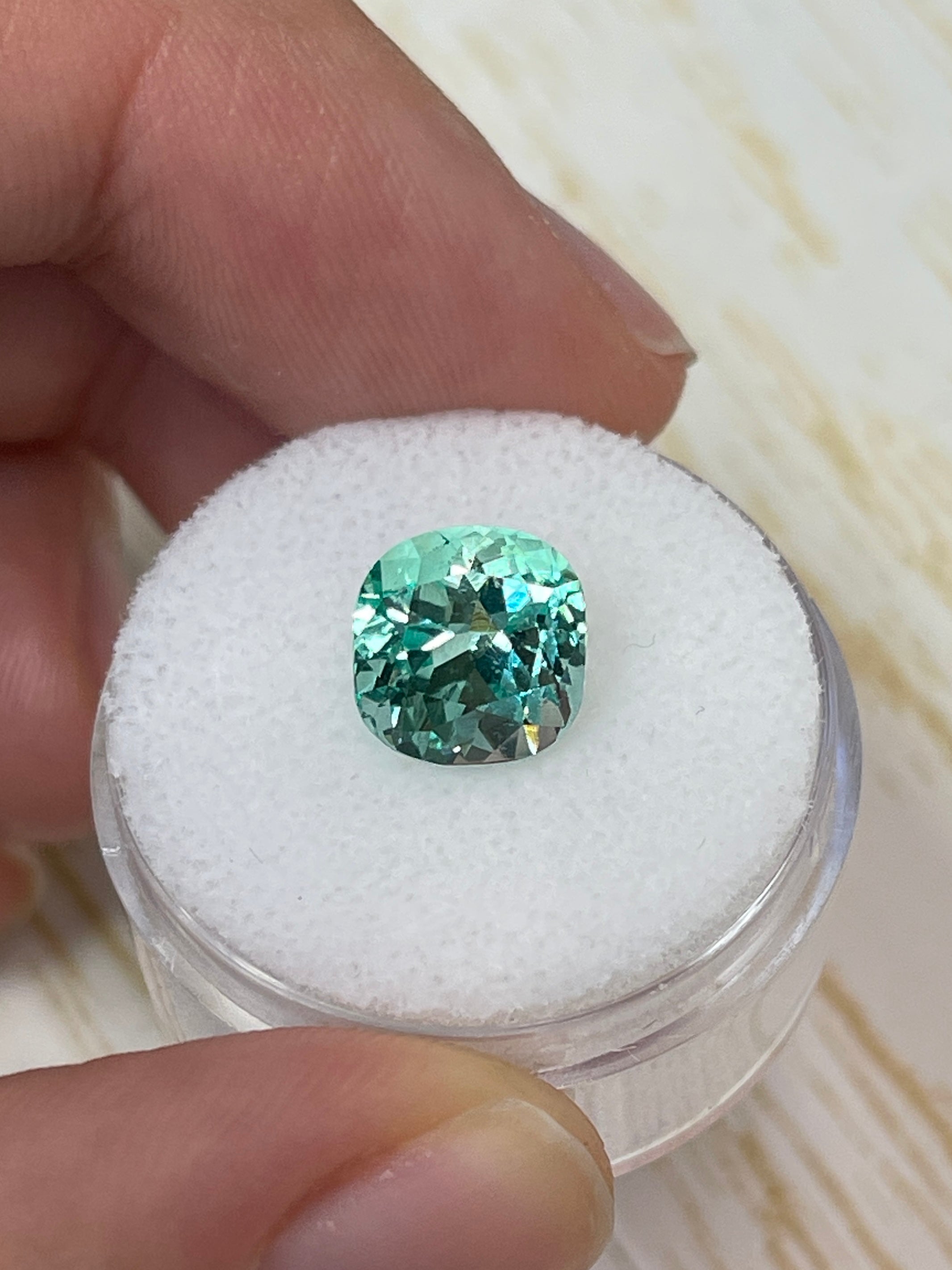 9x9 cushion cut Colombian emerald, 3.31 carats, natural pastel light green gemstone by JR Colombian Emeralds