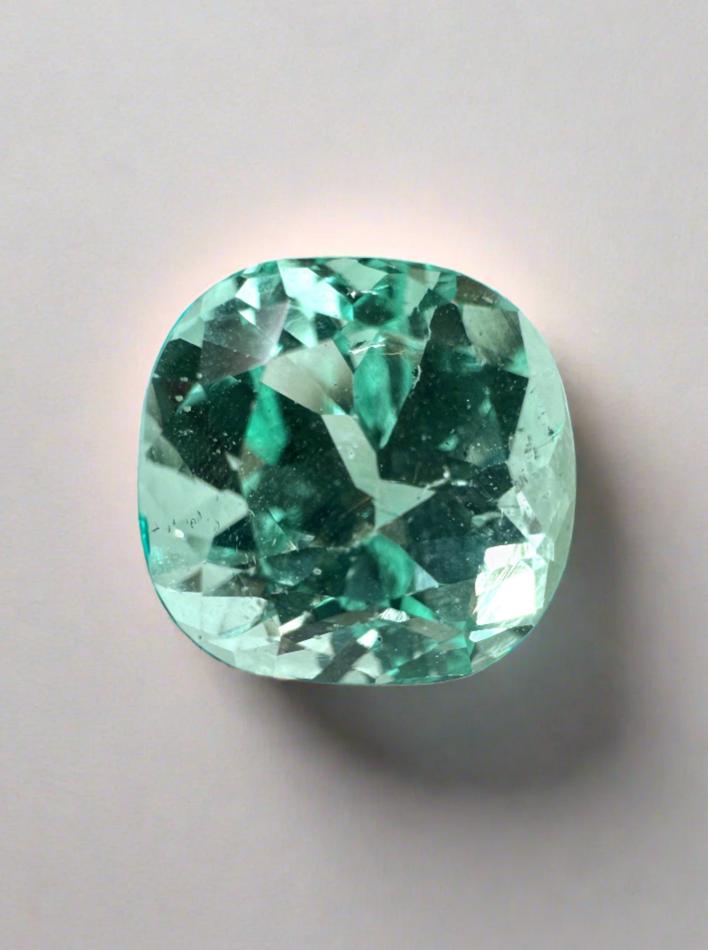 Natural loose Colombian emerald, 3.31 carats, cushion cut, pastel light green, from JR Colombian Emeralds
