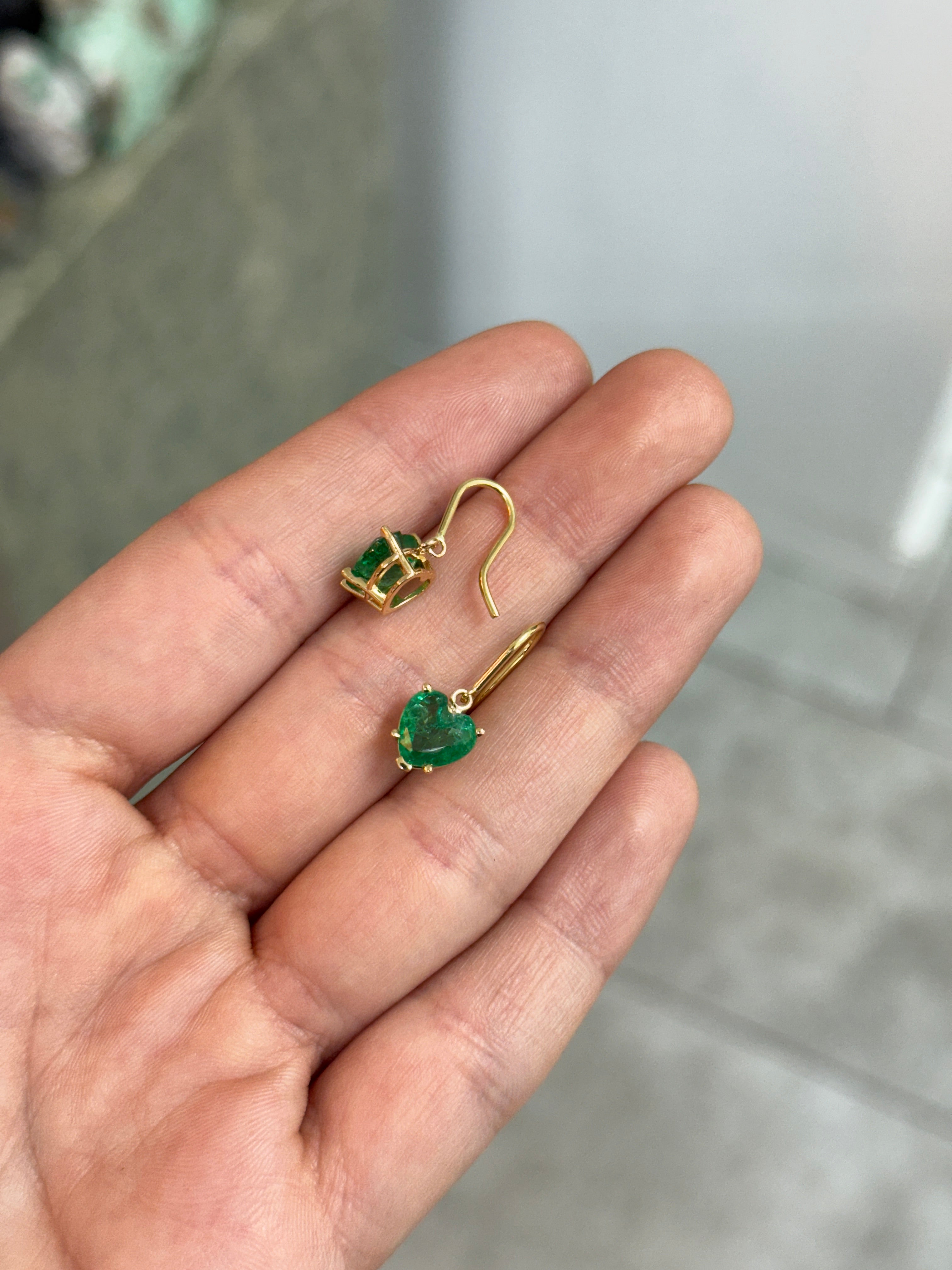3.43tcw Natural Heart Emerald French Hook Earrings 18K