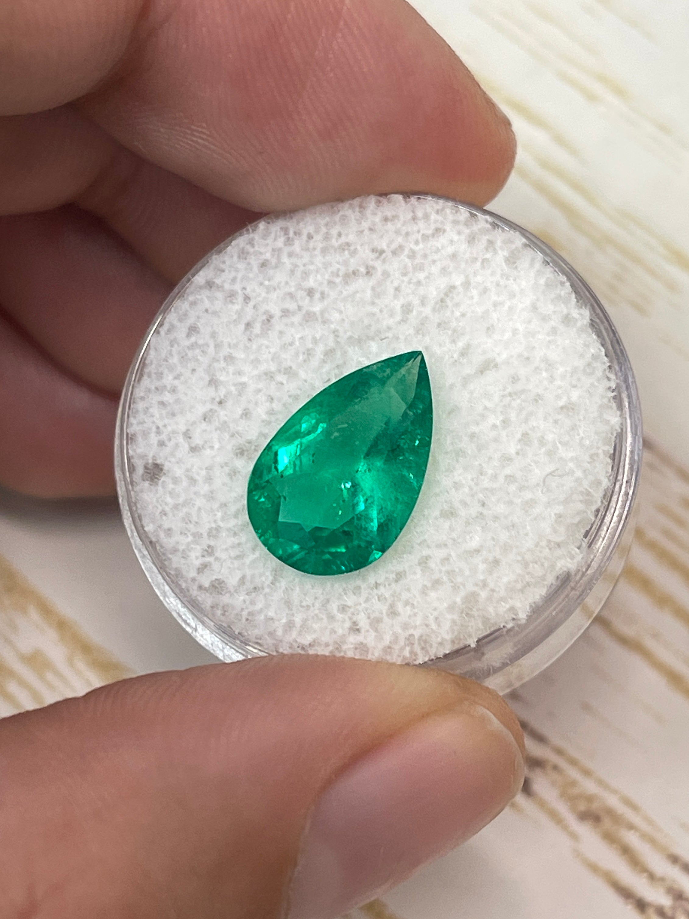 3.47 carat 14x9mm pear-shaped natural Colombian emerald loose gemstone from JR Colombian Emeralds