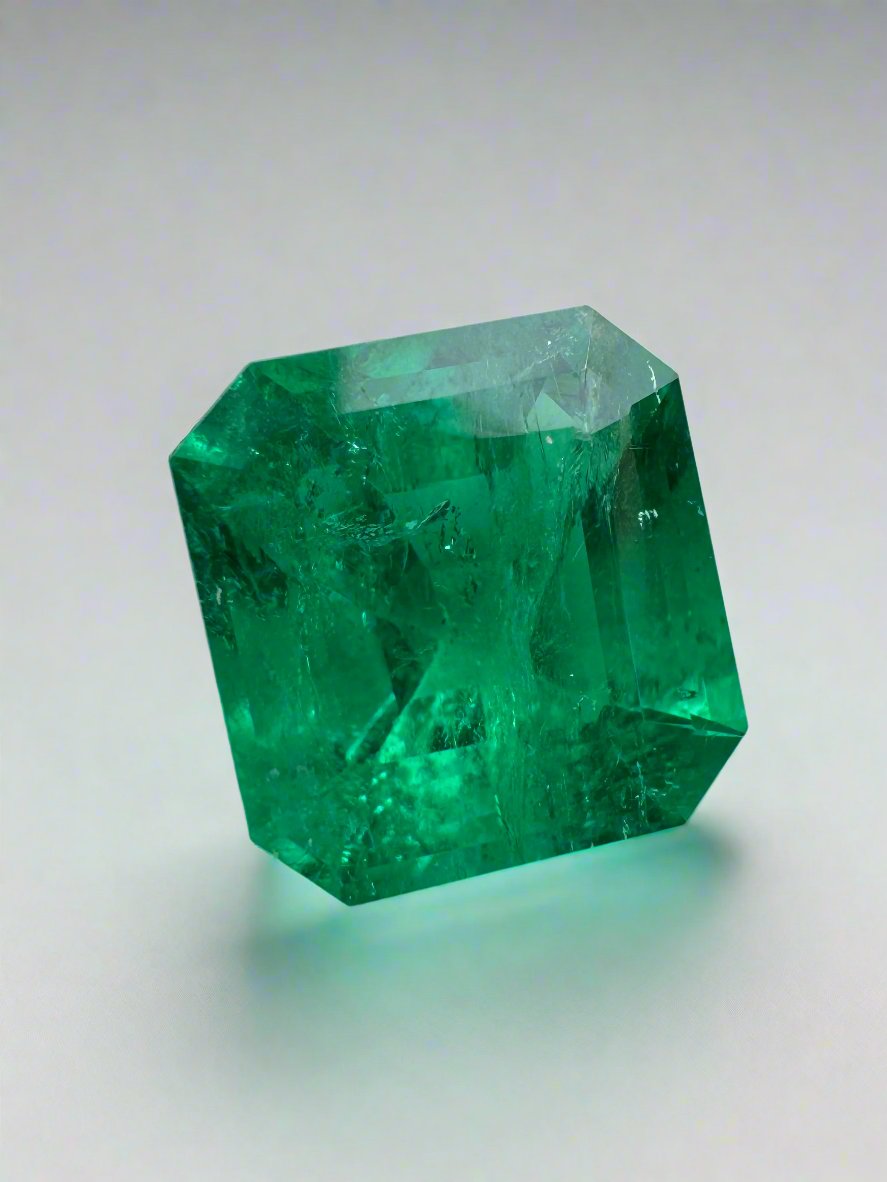 Vivid 3.49 Carat Muzo Green Colombian Emerald loose gemstone, 9.5x9 mm Asscher cut, natural and vibrant green color.
