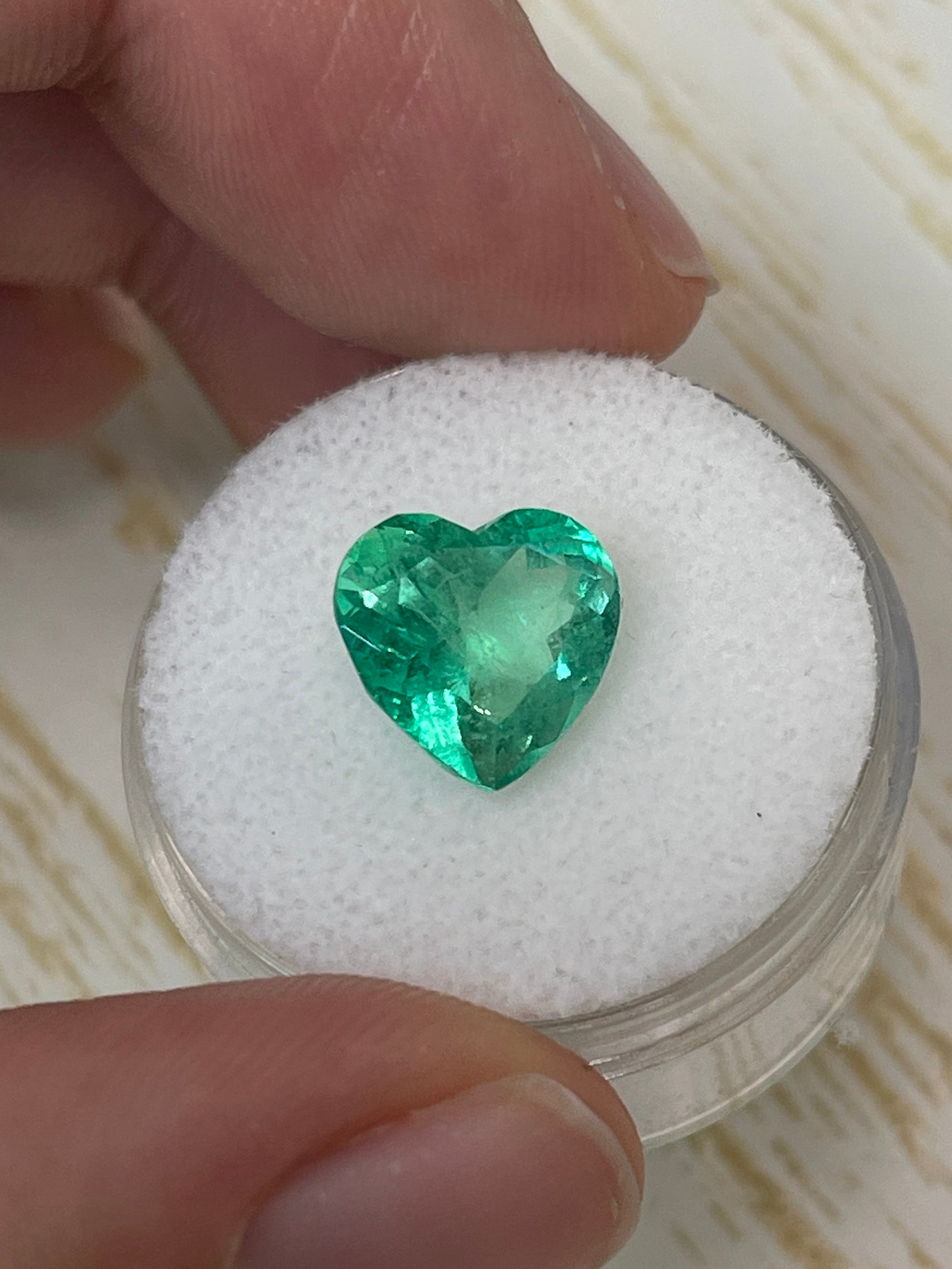 Natural loose Colombian emerald, 3.50 carats, heart cut, bubbly green, from JR Colombian Emeralds.