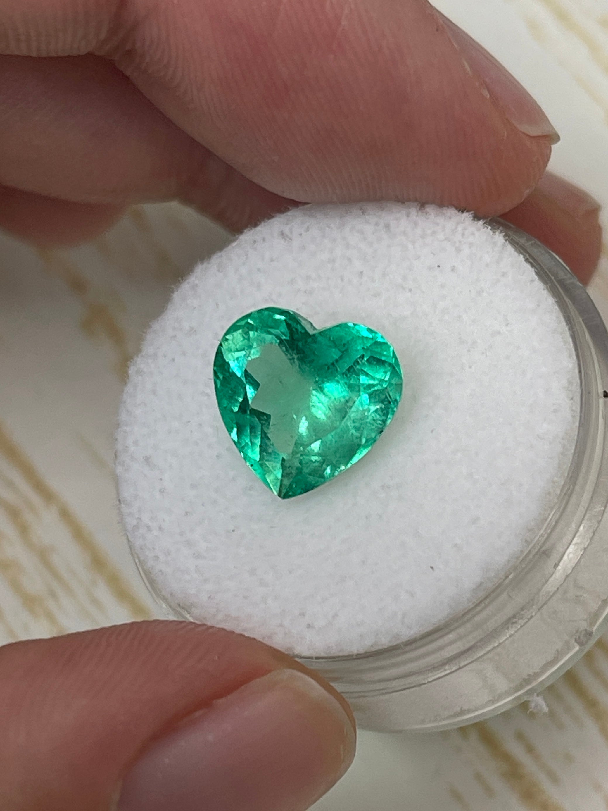 Natural loose Colombian emerald, 3.50 carats, heart cut, bubbly green, 10.2x10.5mm, from JR Colombian Emeralds.