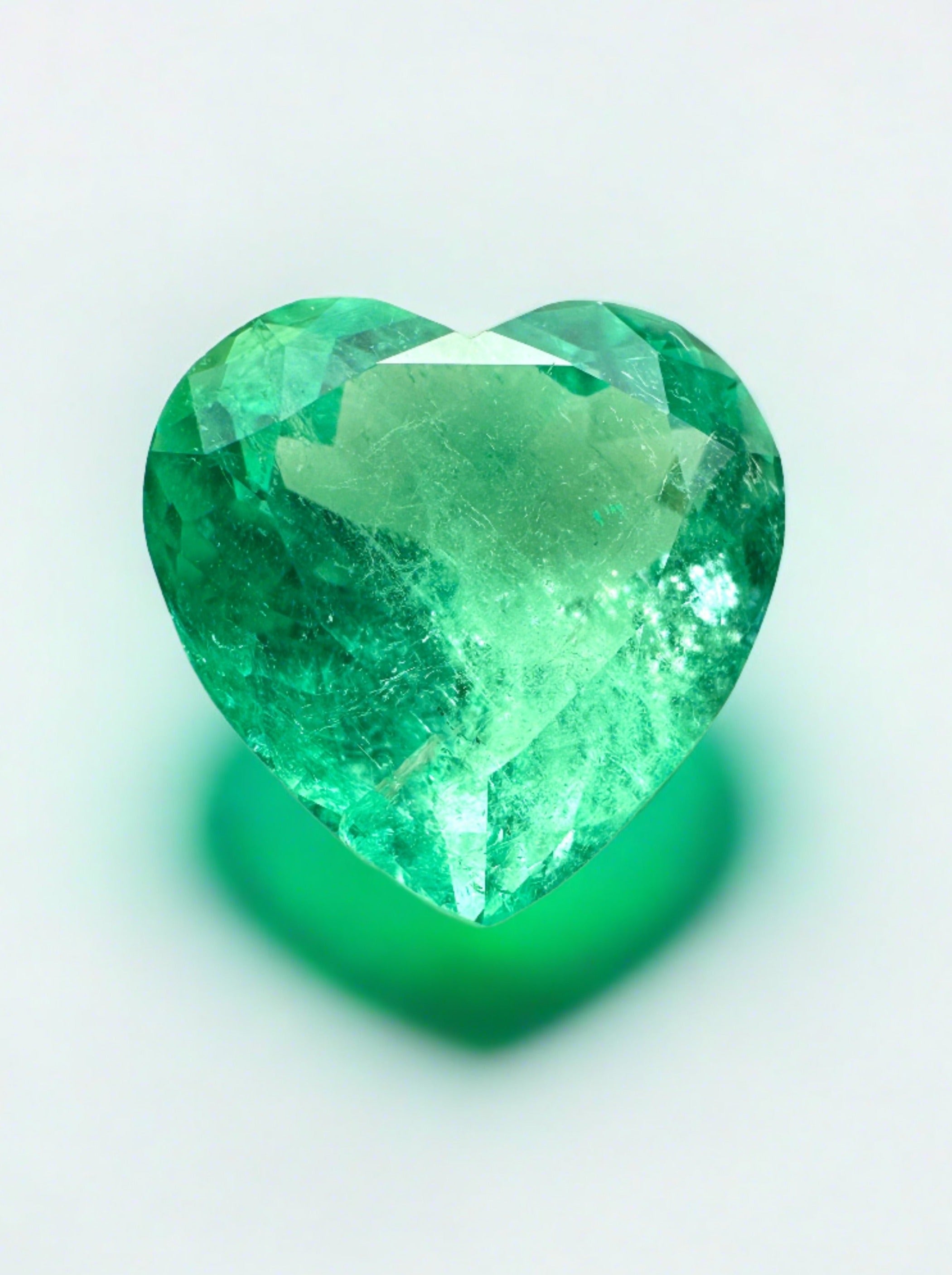 Natural loose Colombian emerald heart cut, 3.50 carats, bubbly green gemstone from JR Colombian Emeralds.