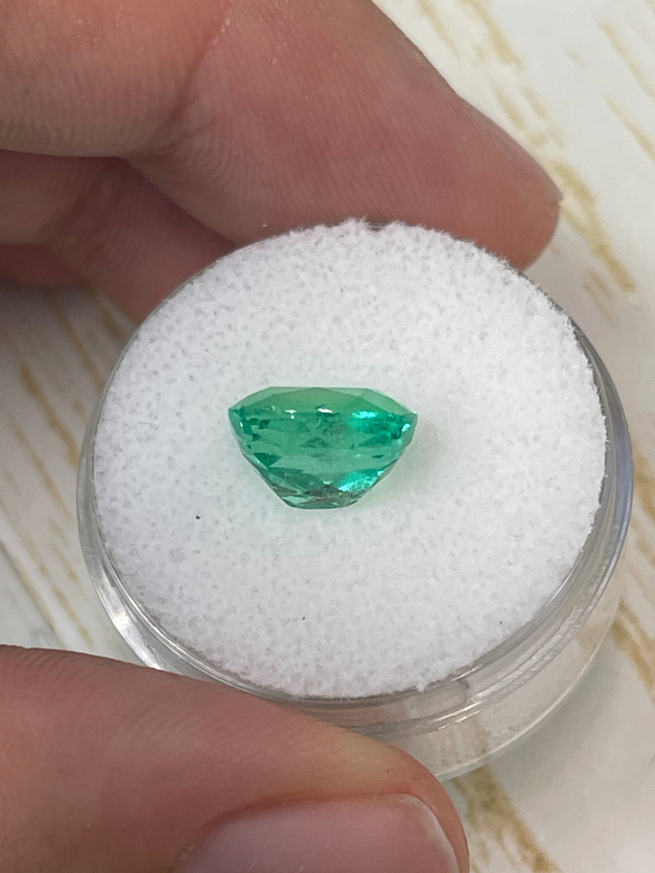 Natural 3.50 carat yellowish green Colombian emerald loose cushion cut gemstone, by JR Colombian Emeralds.