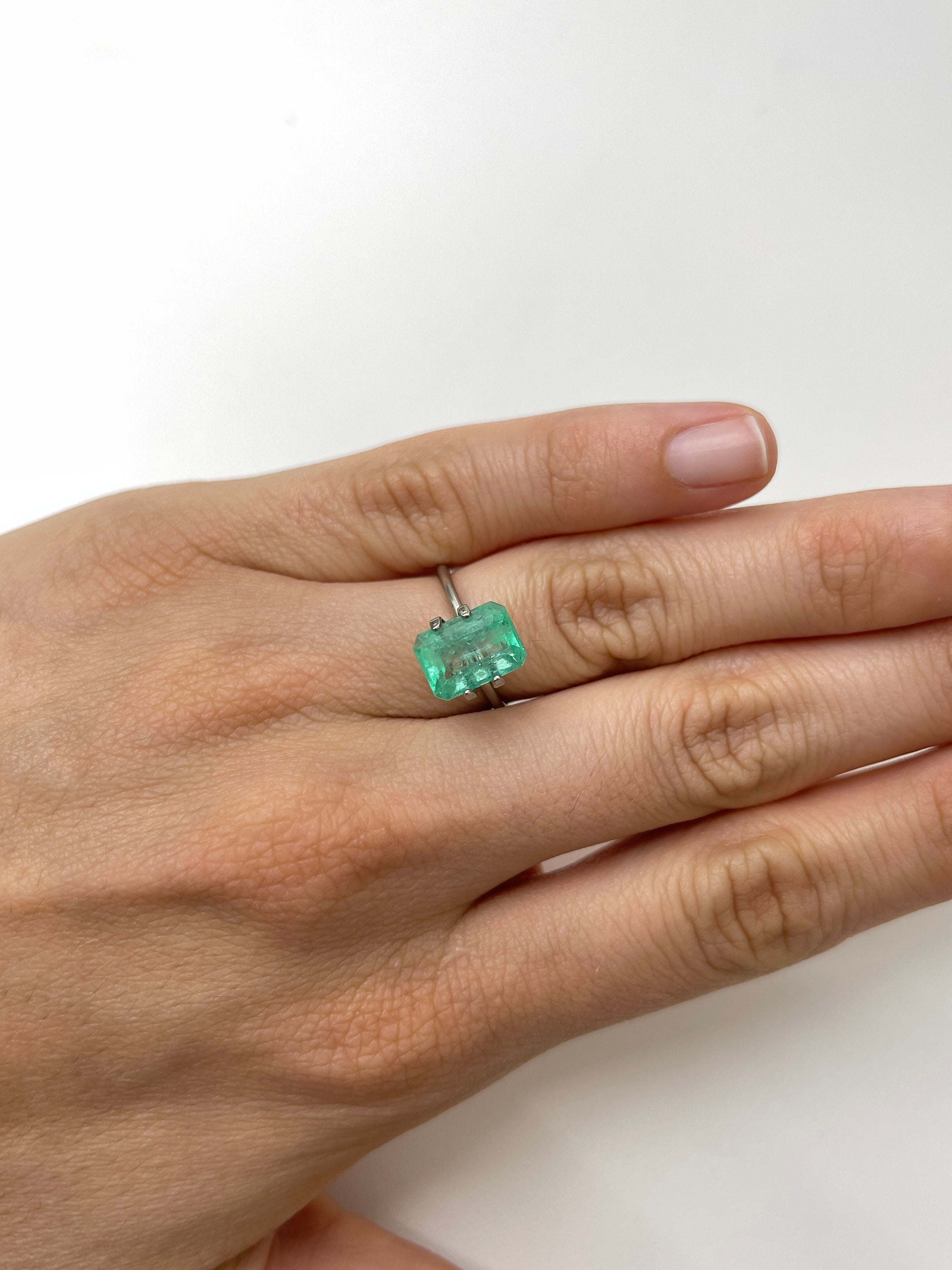 Seafoam green 3.54 carat natural Colombian emerald loose gemstone in emerald cut, from JR Colombian Emeralds.