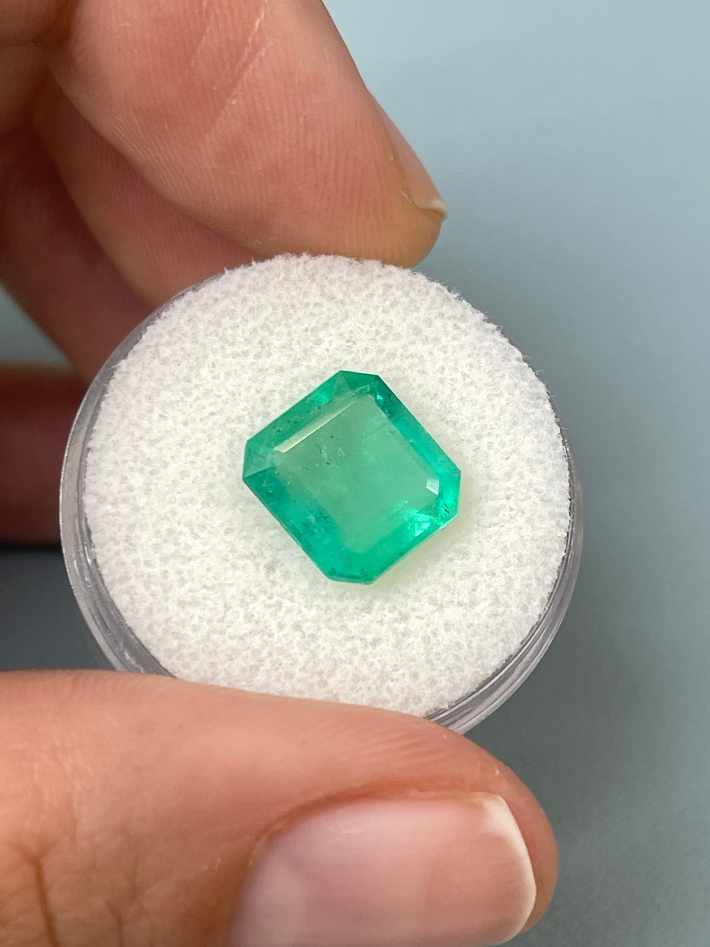 Asscher cut Colombian emerald loose gemstone, spring green color, 3.59 carats, 10.5x10mm, from JR Colombian Emeralds.