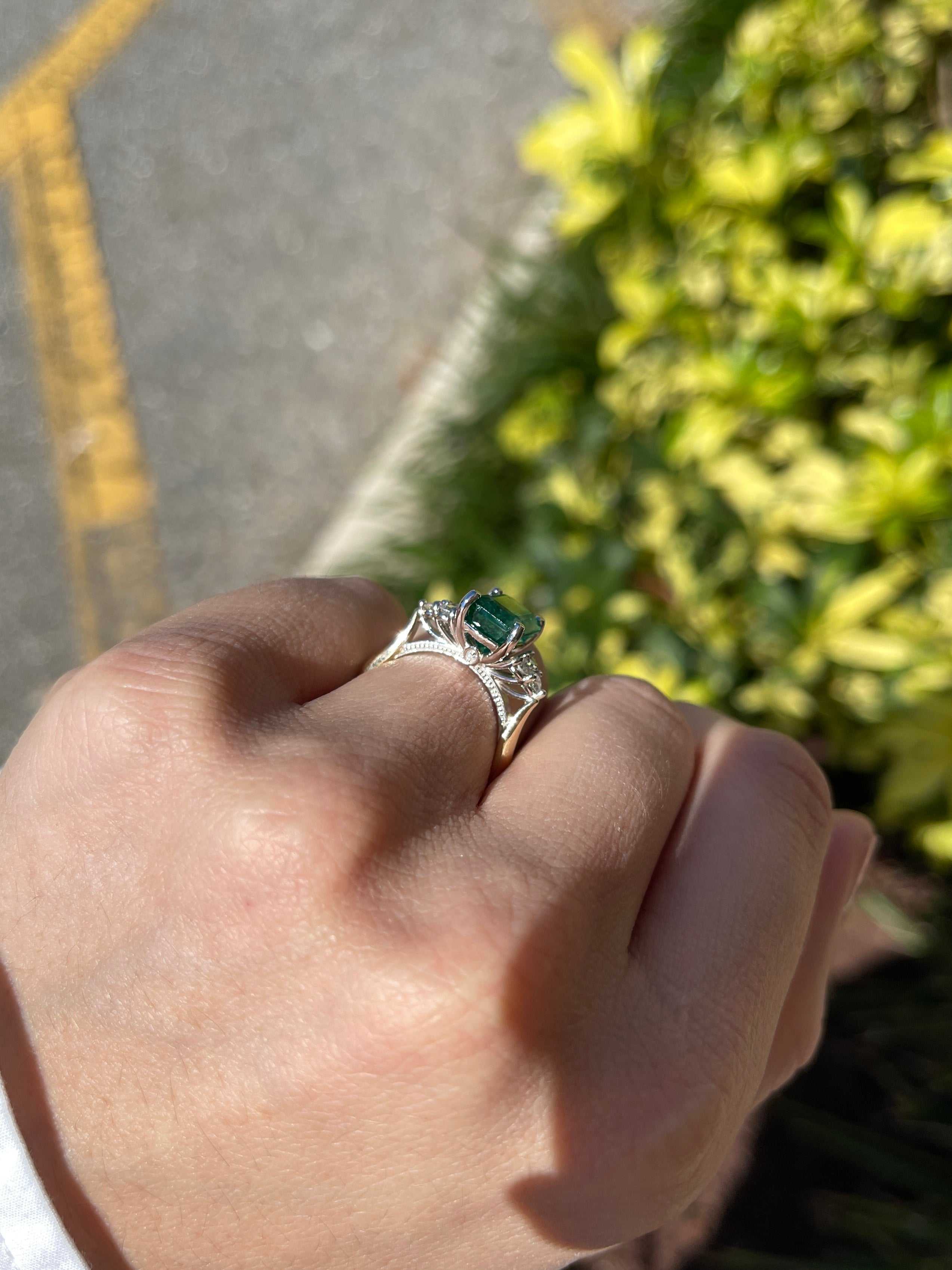 3.64tcw Emerald & Diamond Cluster 7 Stone Engagement Ring 14K Two Toned - JR Colombian Emeralds