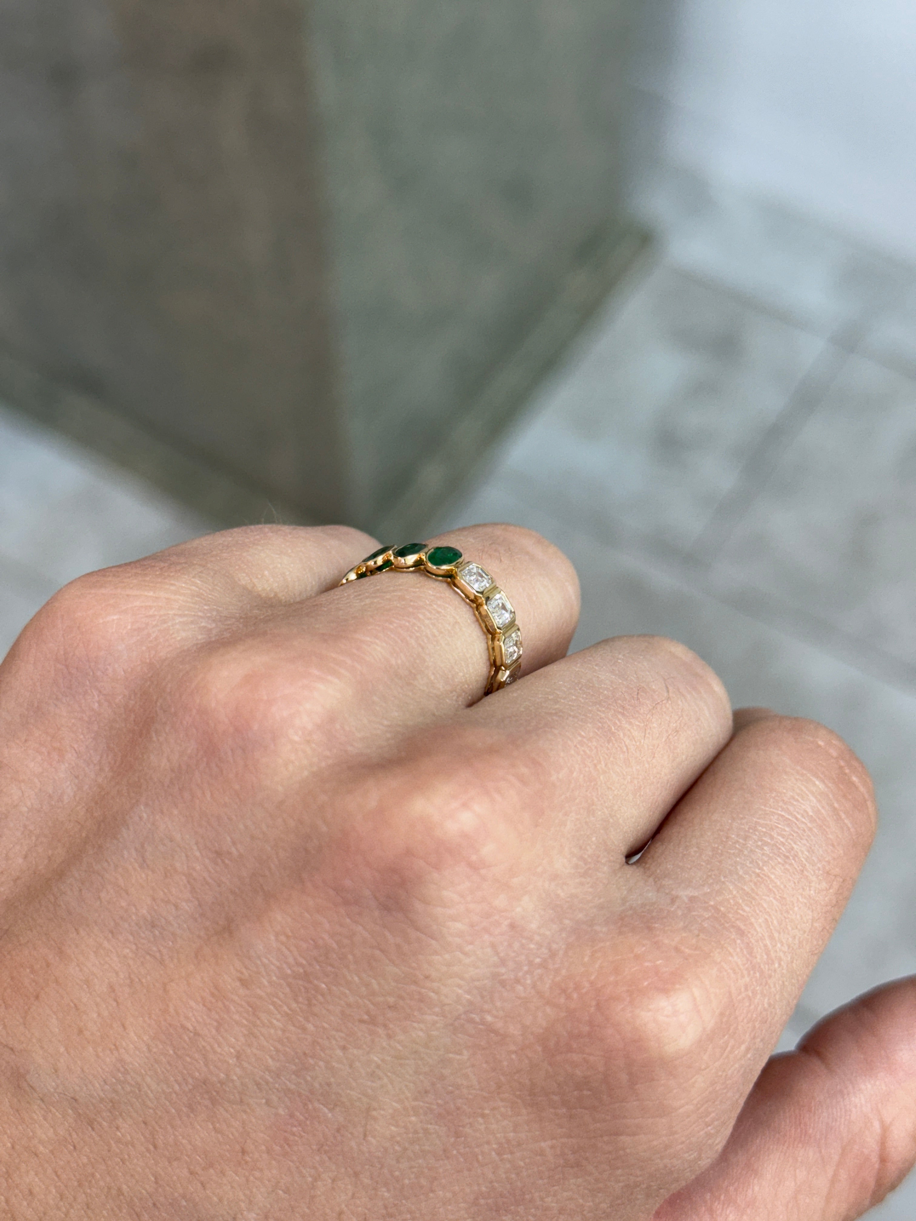 JR Colombian Emeralds 18K gold diamond eternity band with half oval and half emerald cut diamonds, 3.65tcw, size 6.5