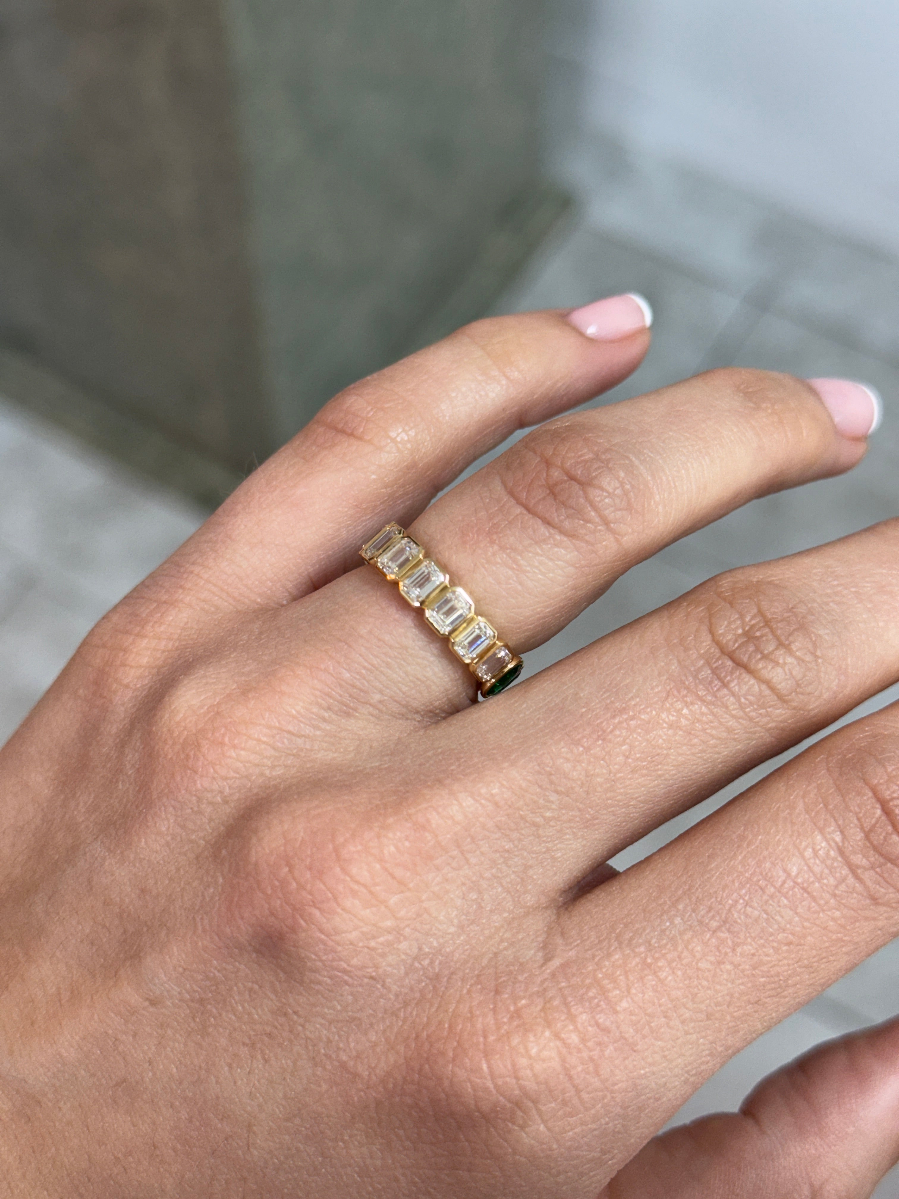 JR Colombian Emeralds 18K eternity band with 3.65tcw half oval emerald and half emerald cut diamonds, size 6.5.