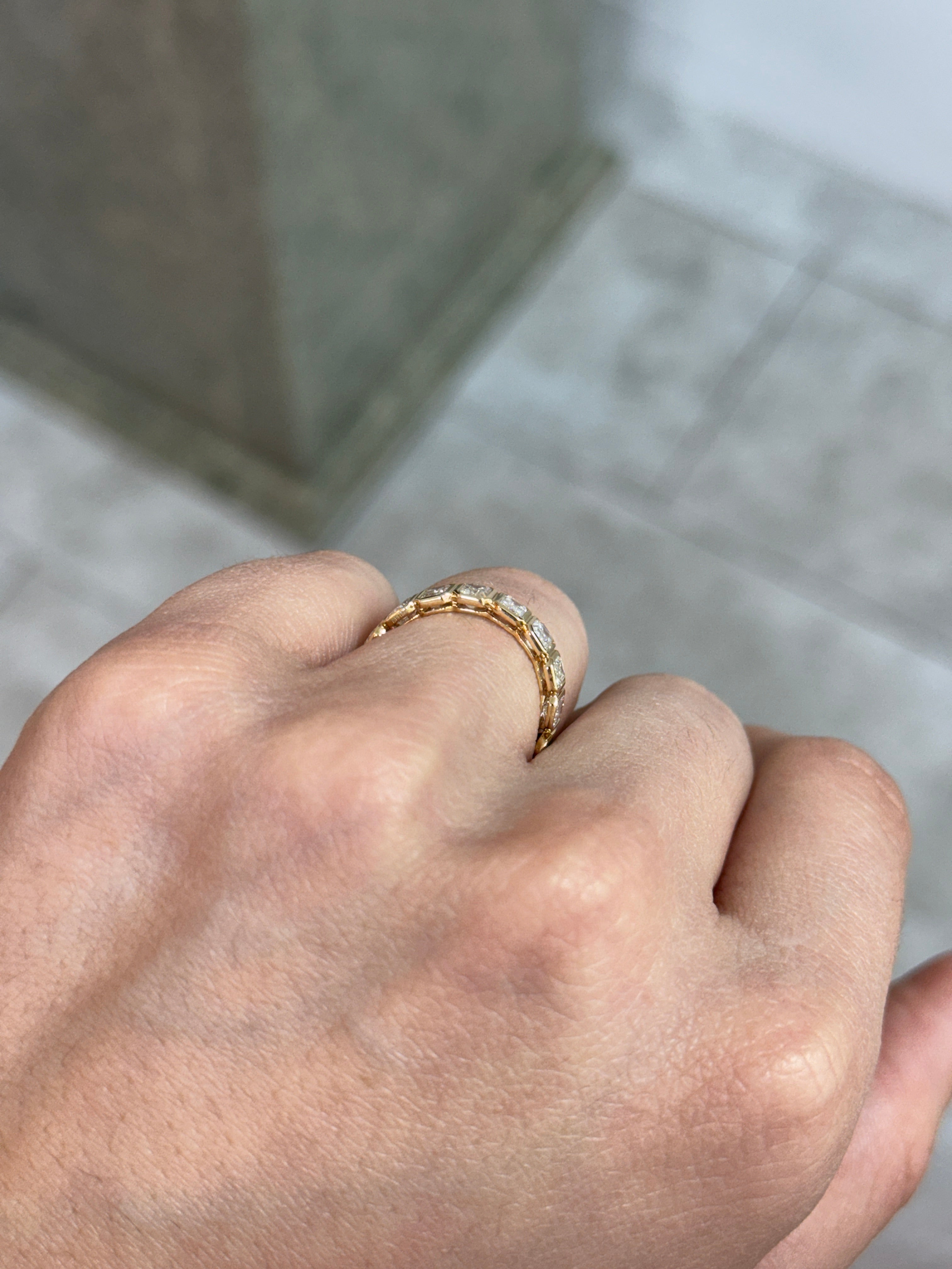 18K gold eternity band with 3.65tcw undecided half oval emerald and half emerald cut diamond, size 6.5, by JR Colombian Emeralds.