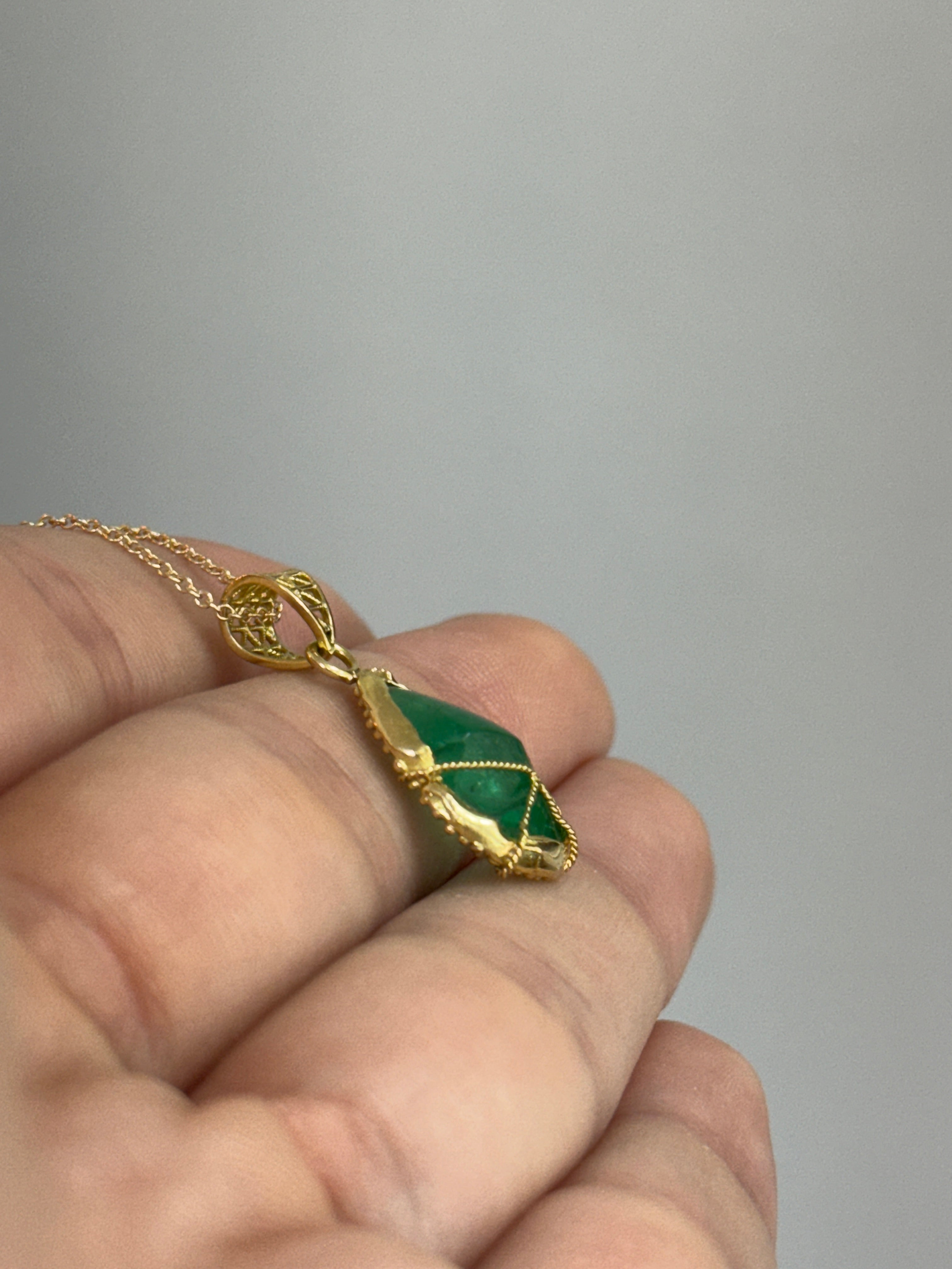 3.70 Carat Vintage Carved Emerald Ammonite Fossil Necklace 18K