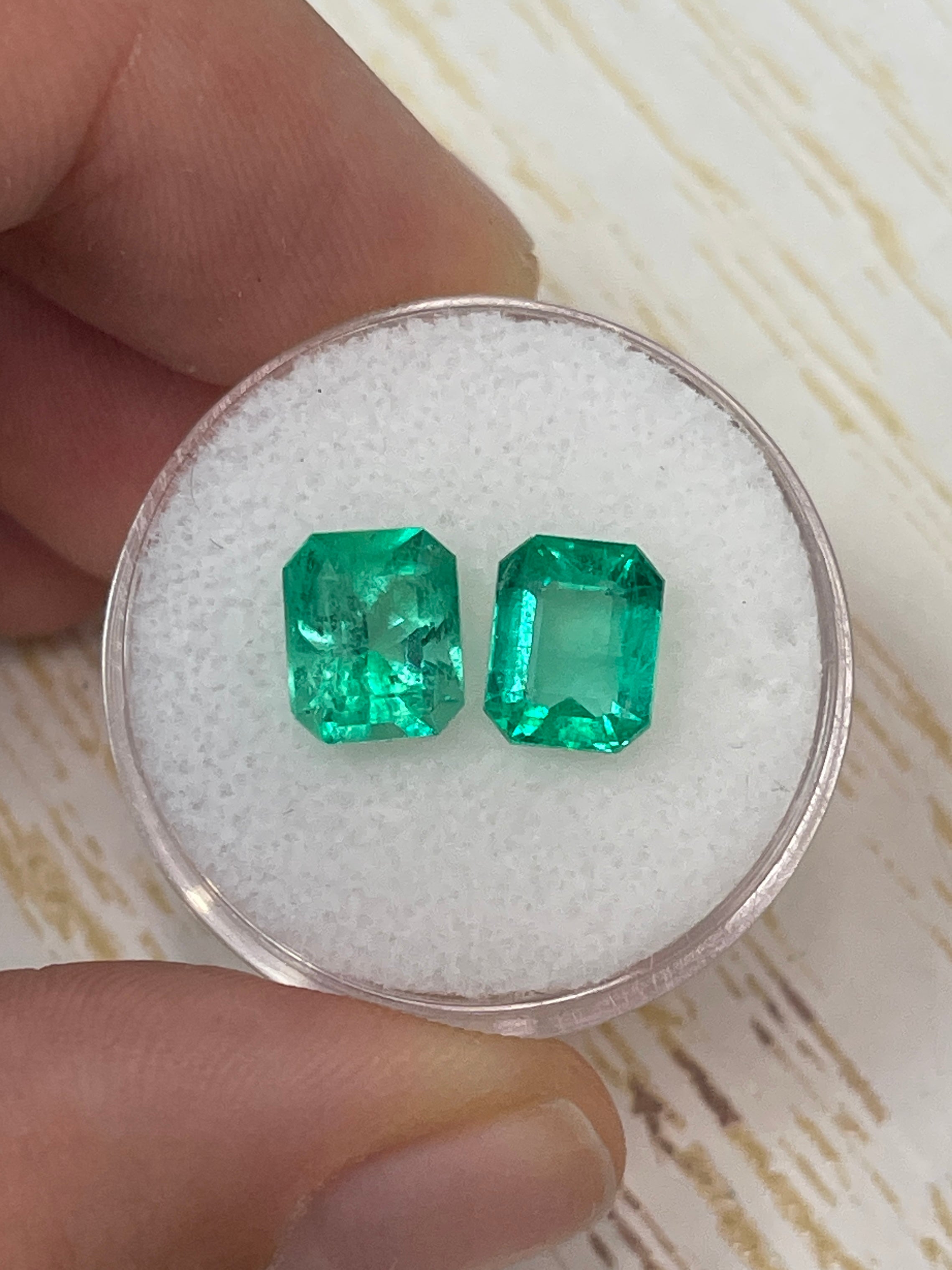 Matching green Colombian emeralds, 3.73tcw, 8x6.5mm emerald cut, loose gemstones from JR Colombian Emeralds.
