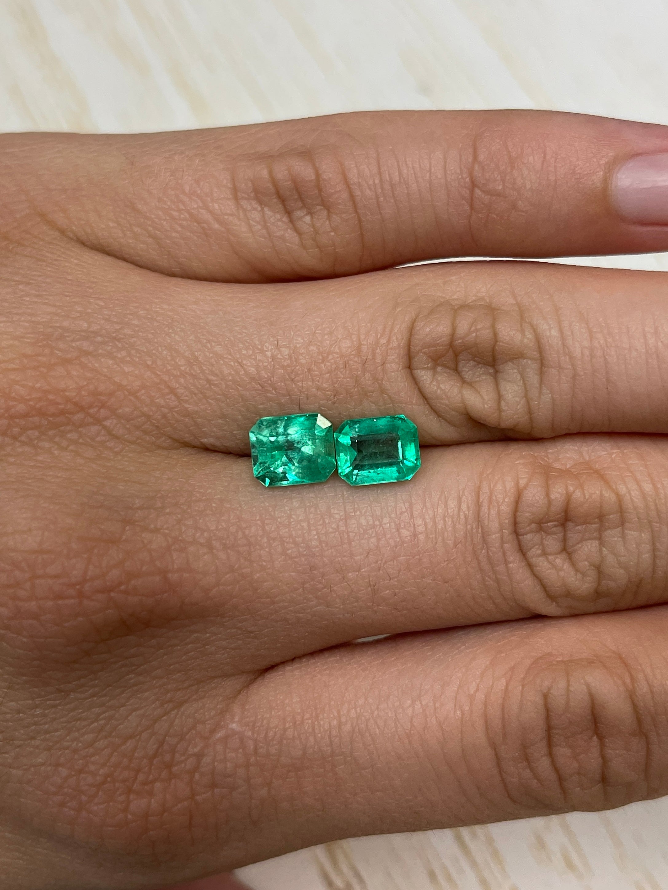 Matching green Colombian emeralds, 8x6.5mm emerald cut, loose gemstones, 3.73 carats, by JR Colombian Emeralds.