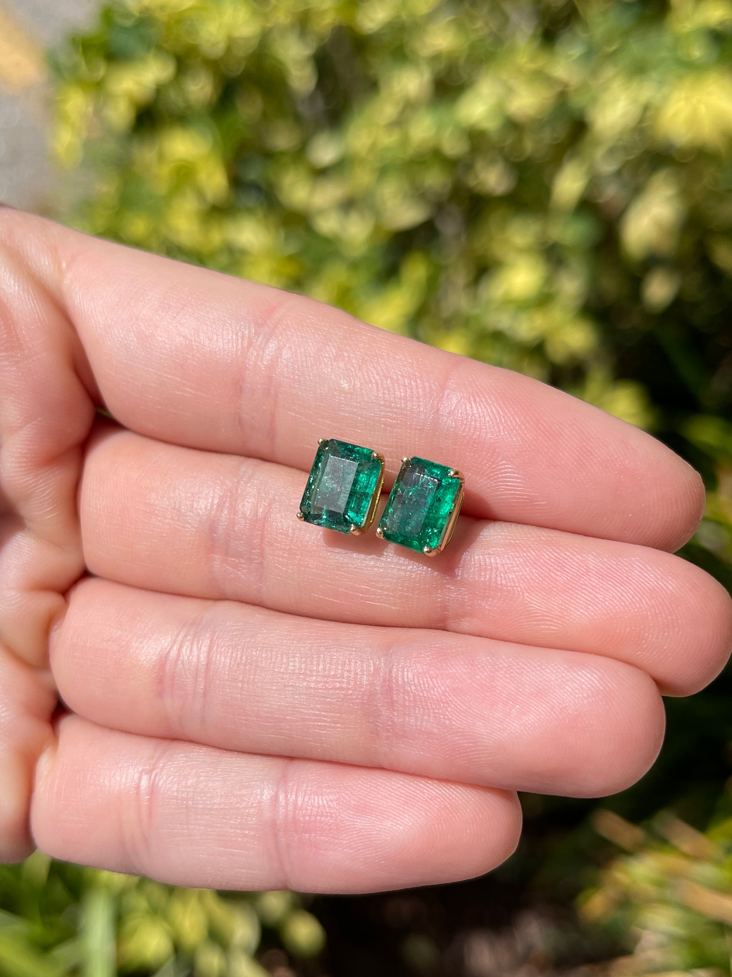 3.83tcw Zambian Emerald Emerald Cut Natural Stud Earrings 14K - JR Colombian Emeralds