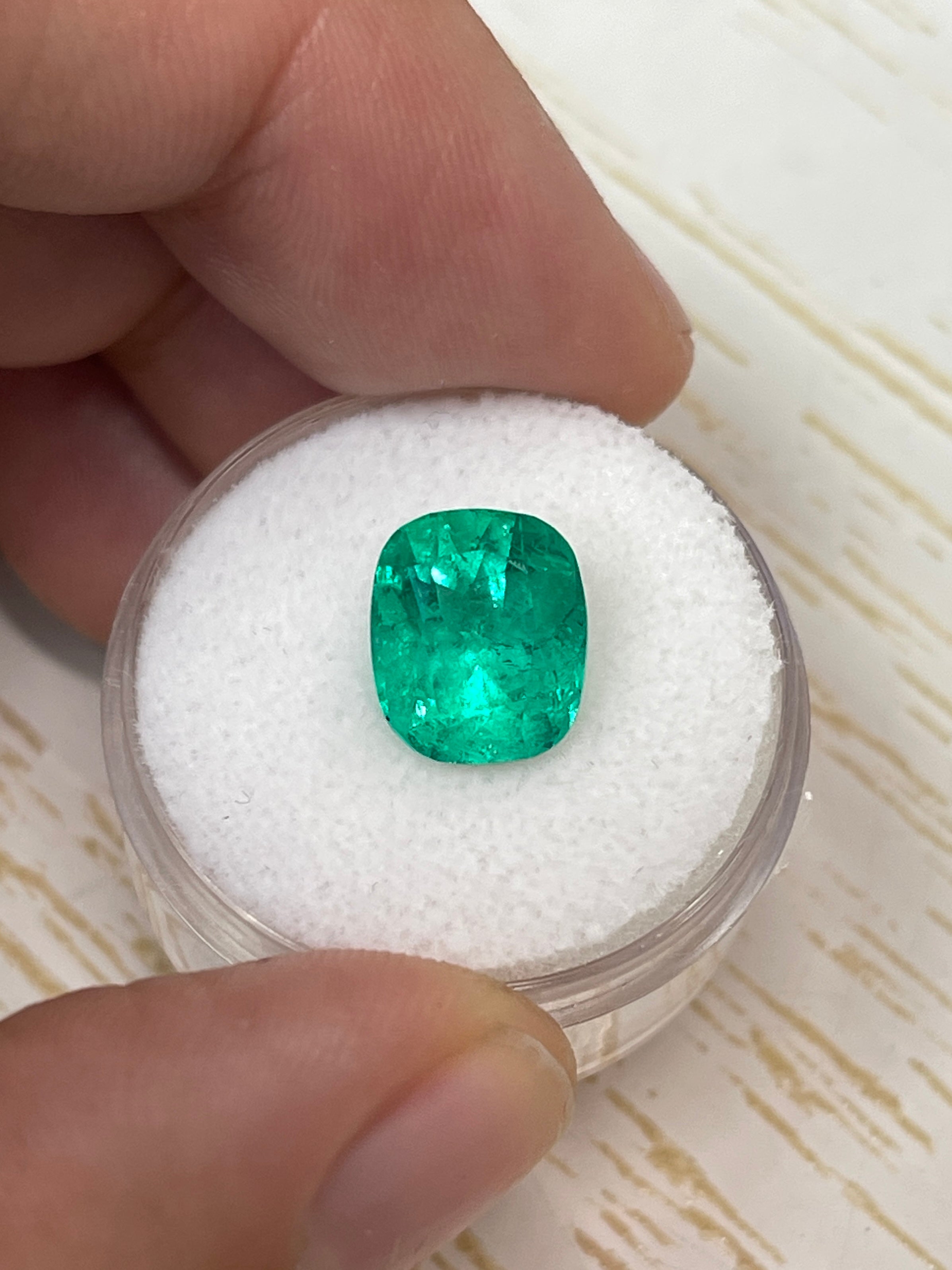 3.84 carat natural Colombian emerald, 10.4x9mm cushion cut, intense medium green, loose gemstone from JR Colombian Emeralds.